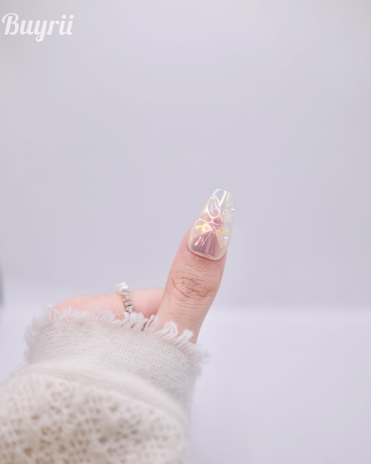 Long Coffin Pink Butterfly With Pearl French Manicure Press On Nails