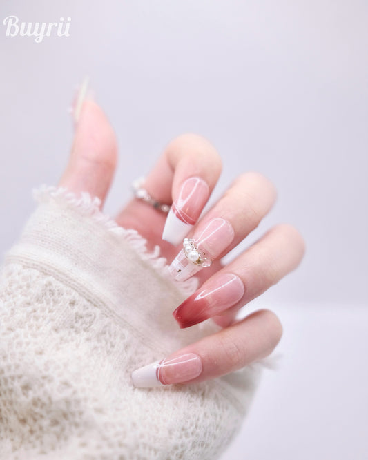 Long Coffin Pink Butterfly With Pearl French Manicure Press On Nails