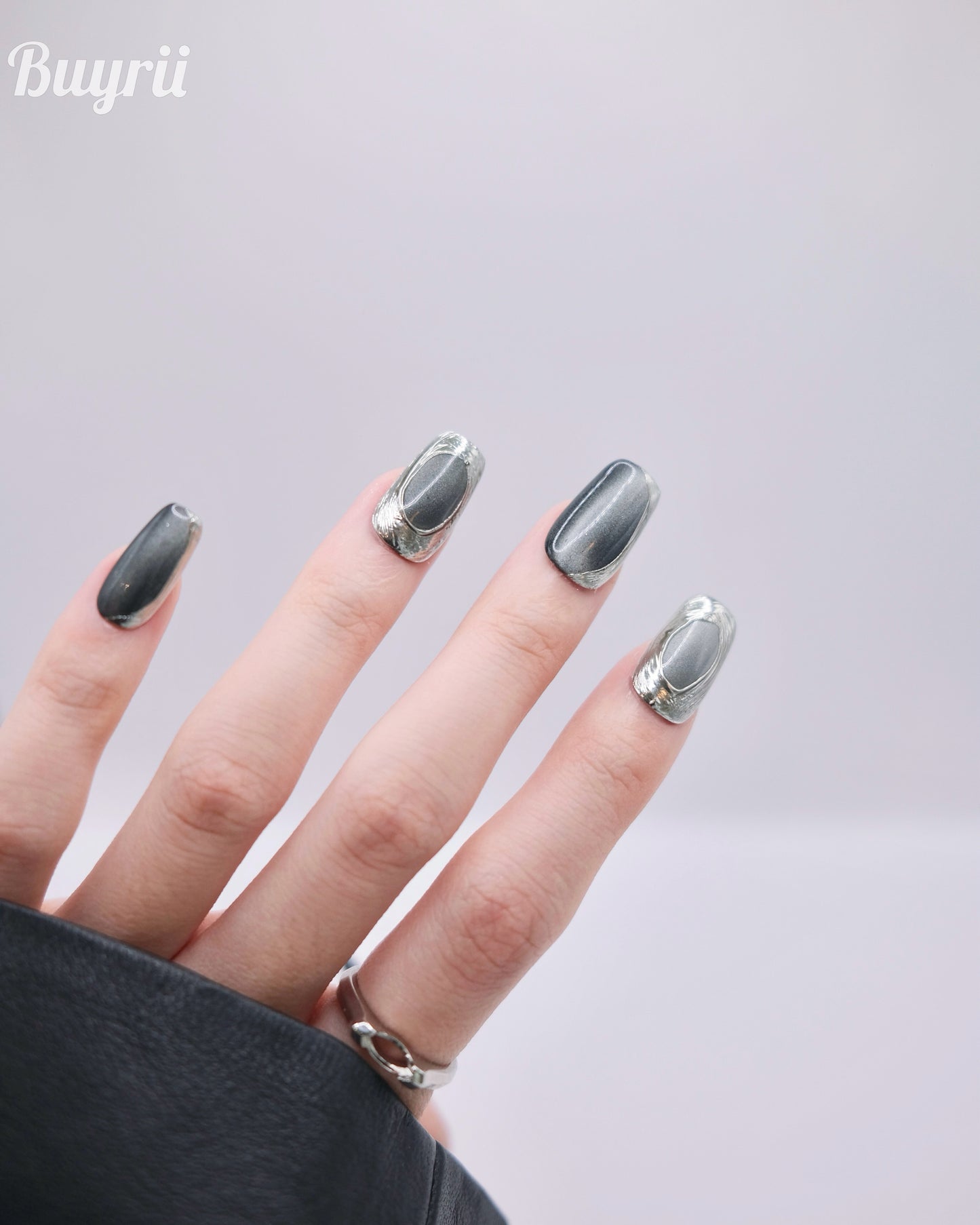 Mid-Long Coffin Black & Silver Magic Mirror Press On Nails