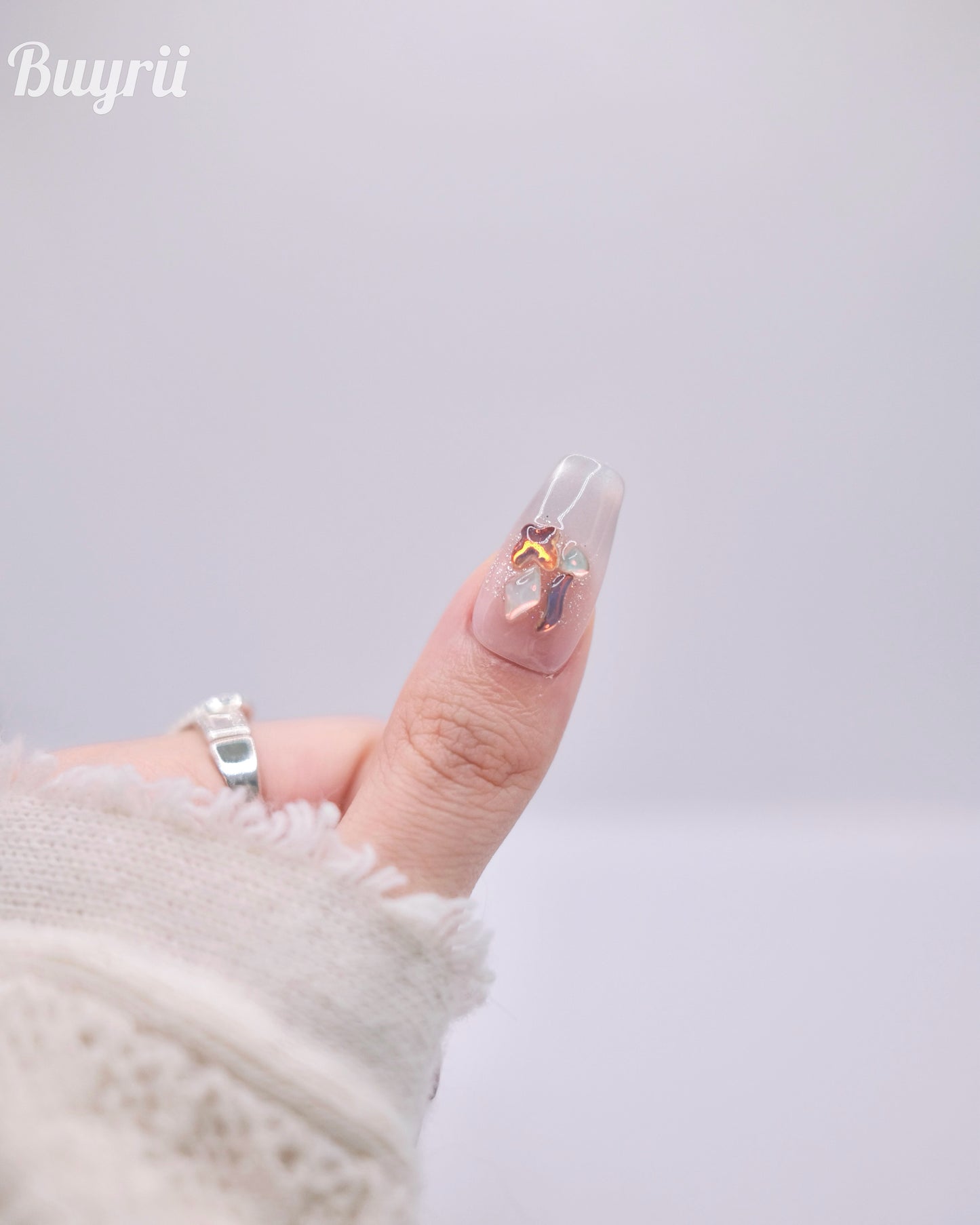 Long Coffin Nude Color Base & Colorful Gem With White French Manicure Press On Nails