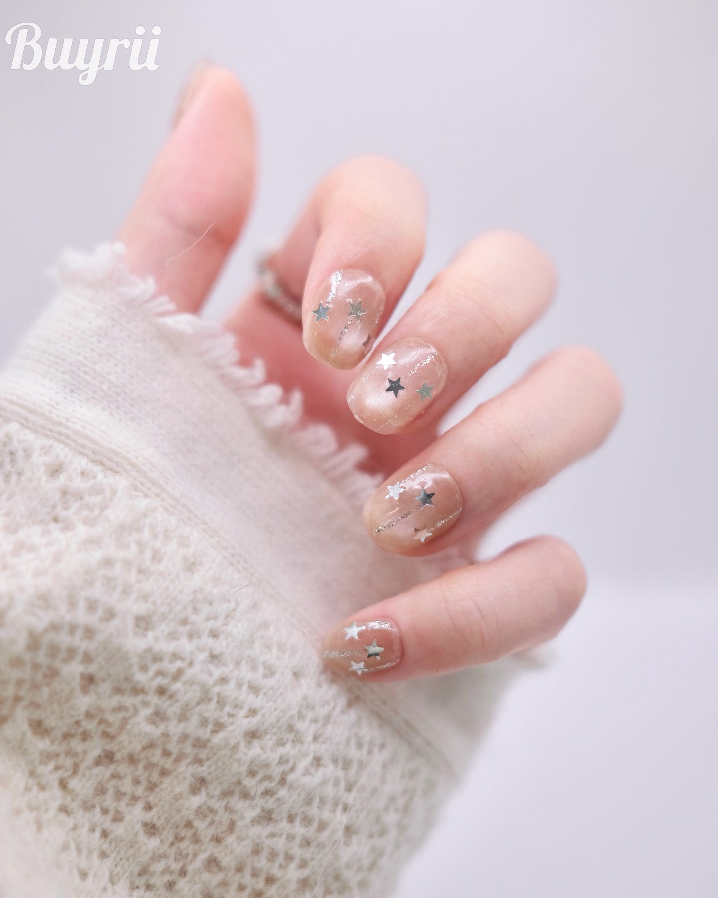 Short Rounded Gold & White Shiny Star Press On Nails
