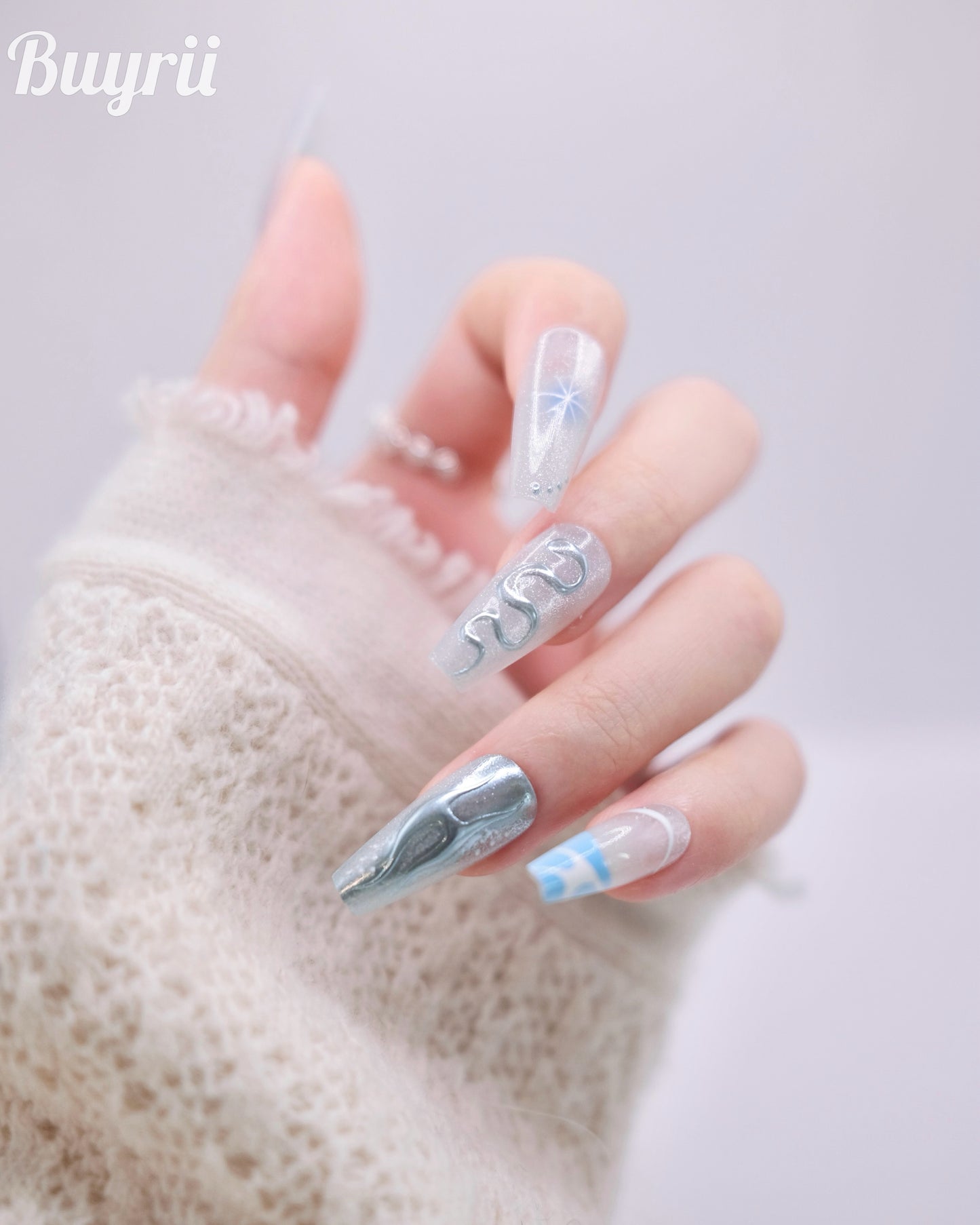 Extra Long Coffin Blue Chrome Y2K Press On Nails