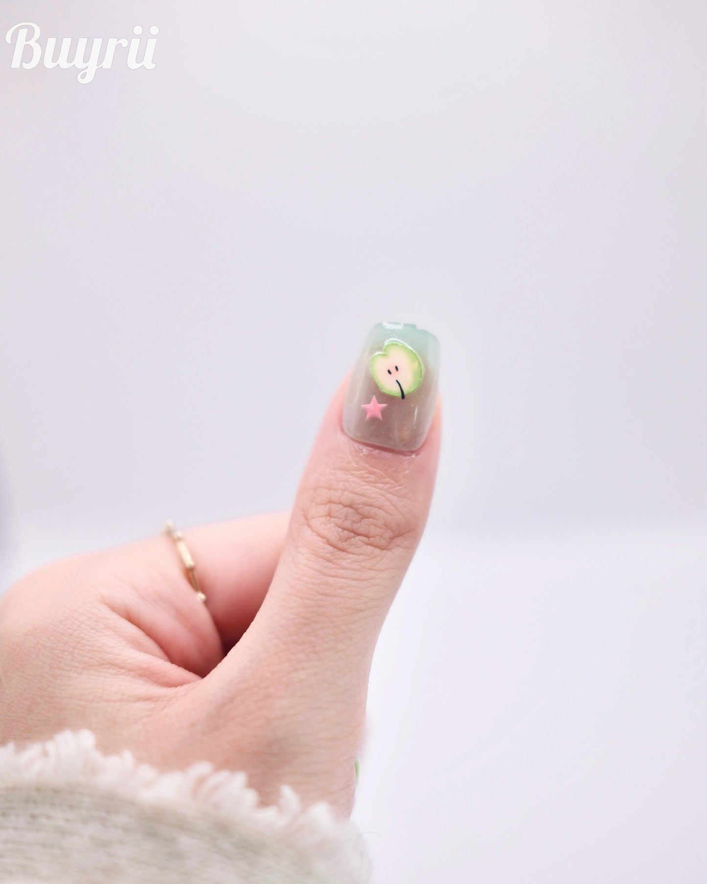Short Coffin Green Apple Summer Time Press On Nails