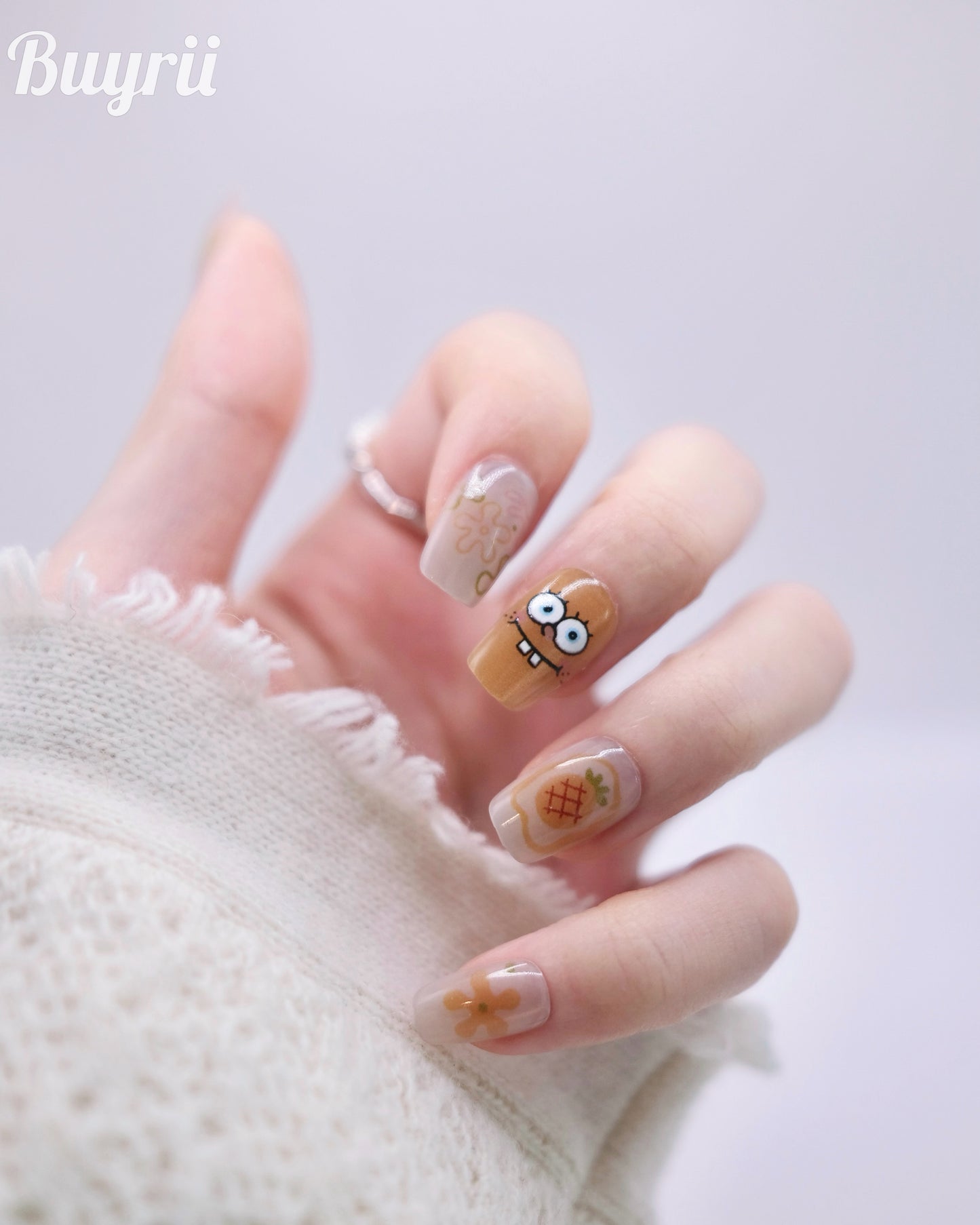 Short Coffin Yellow Cute Spongebob Press On Nails