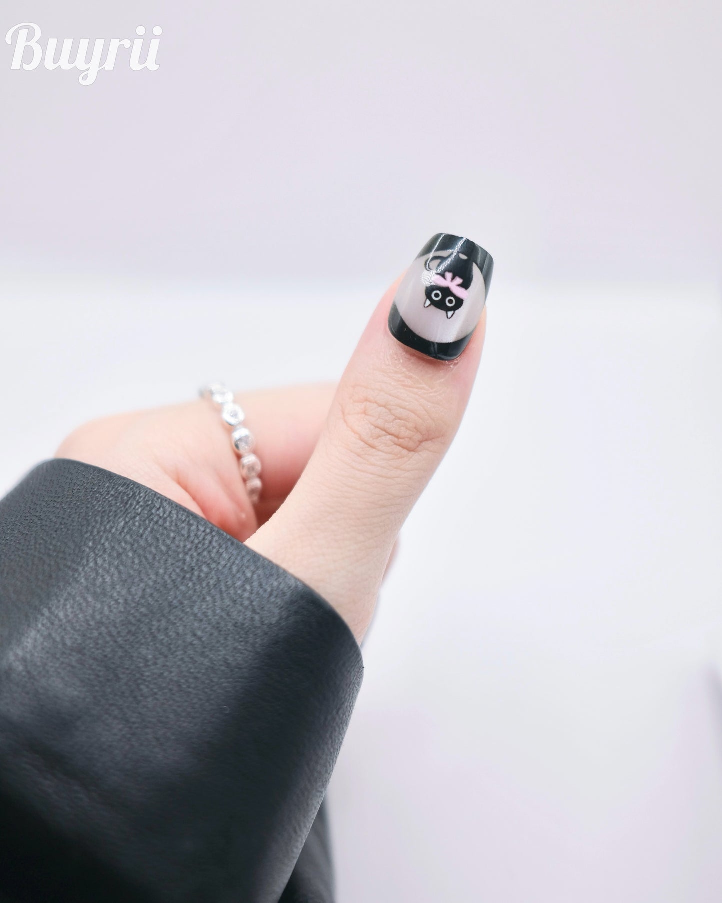 Short Coffin Black Cat & Bowtie Press On Nails