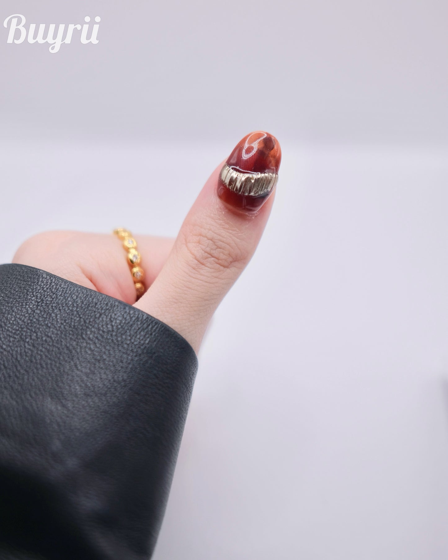 Mid-Long Oval Brown & White Pearl Decoration Press On Nails
