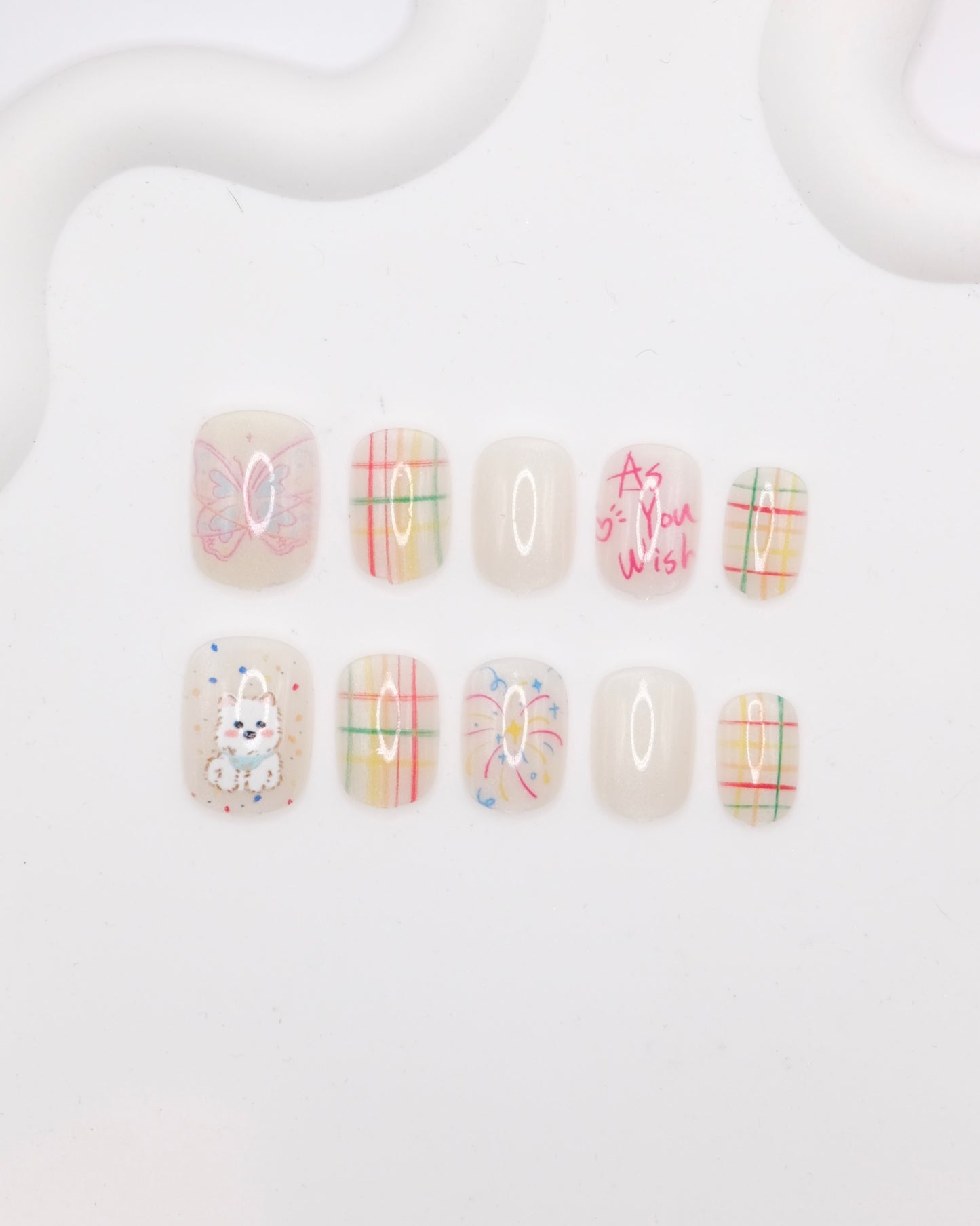 Short Rounded Colorful Firework Bear Press On Nails