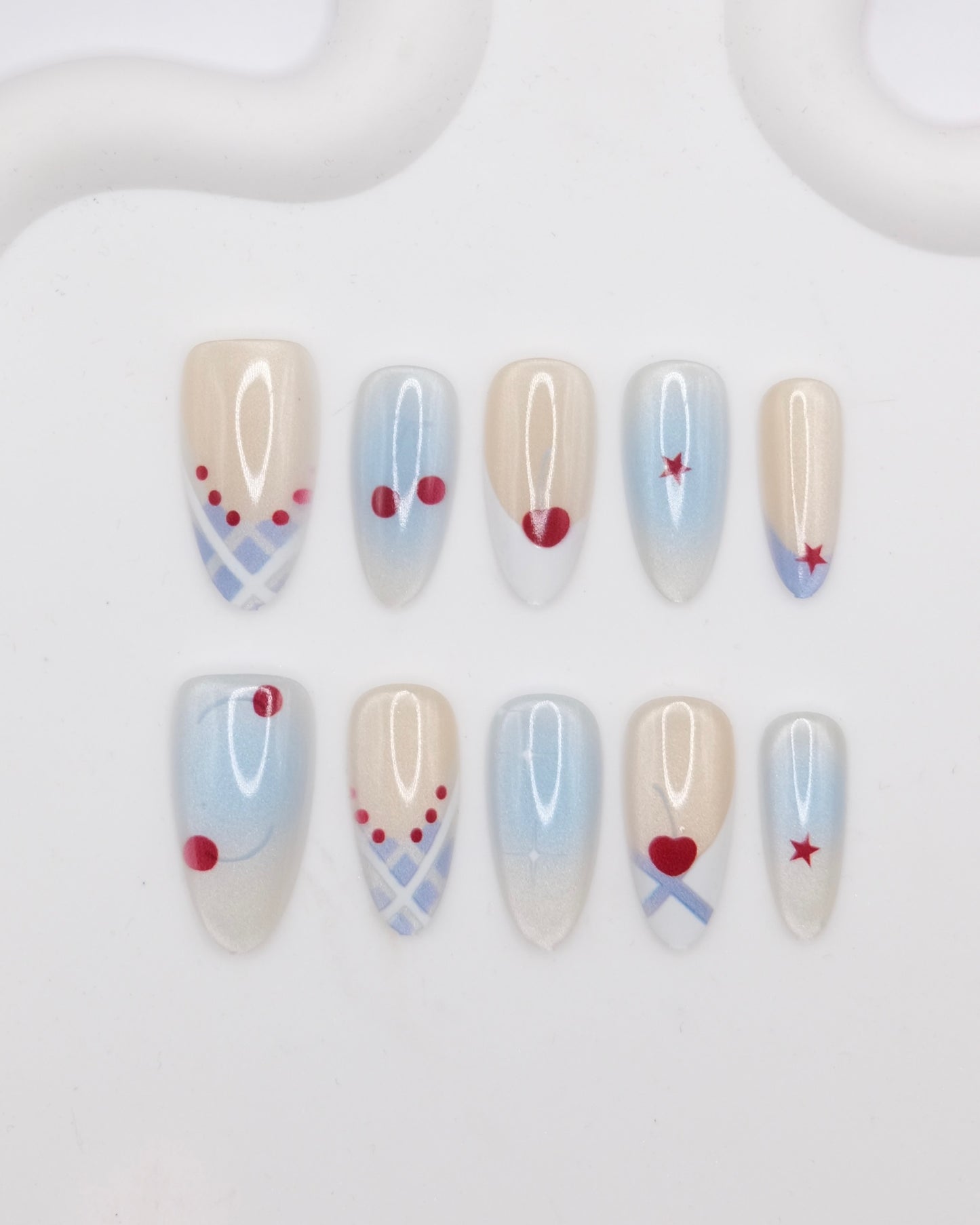 Mid-Long Almond Blue & Gold With Cherry Press On Nails