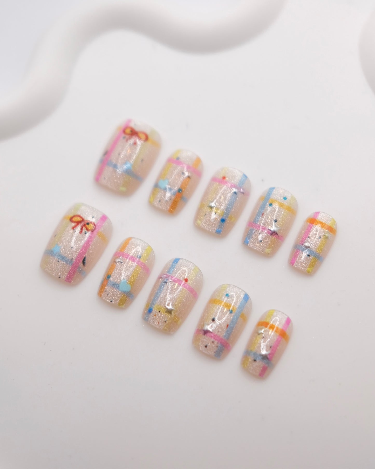 Short Coffin Rainbow Bowtie Press On Nails