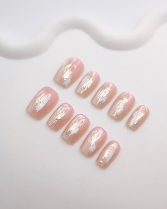 Short Coffin Nude & Gold Embossed Press On Nails