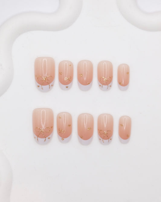 Short Oval Nude Color White French Manicure Press On Nails