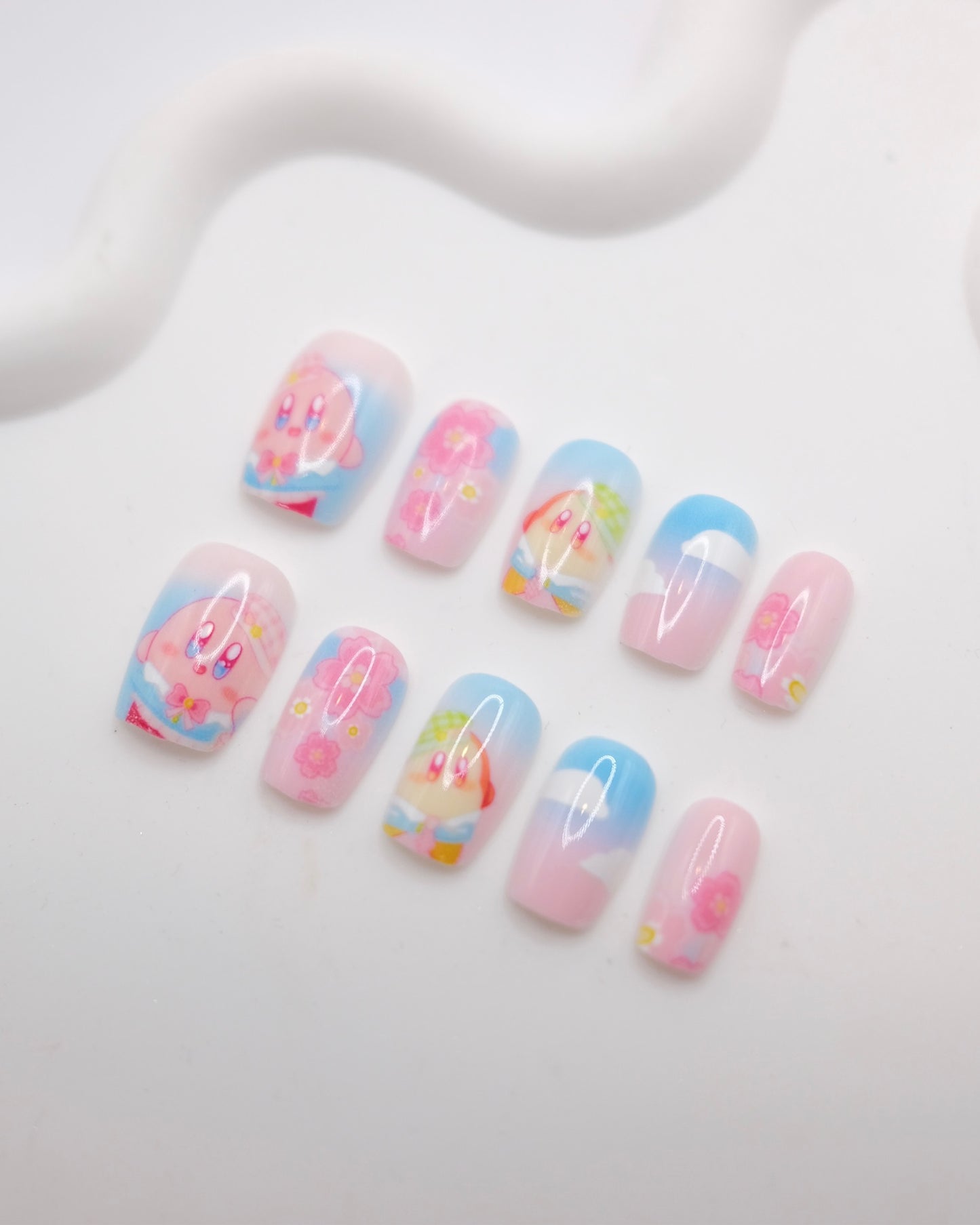 Short Coffin Colorful Kirby with Sakura Press On Nails