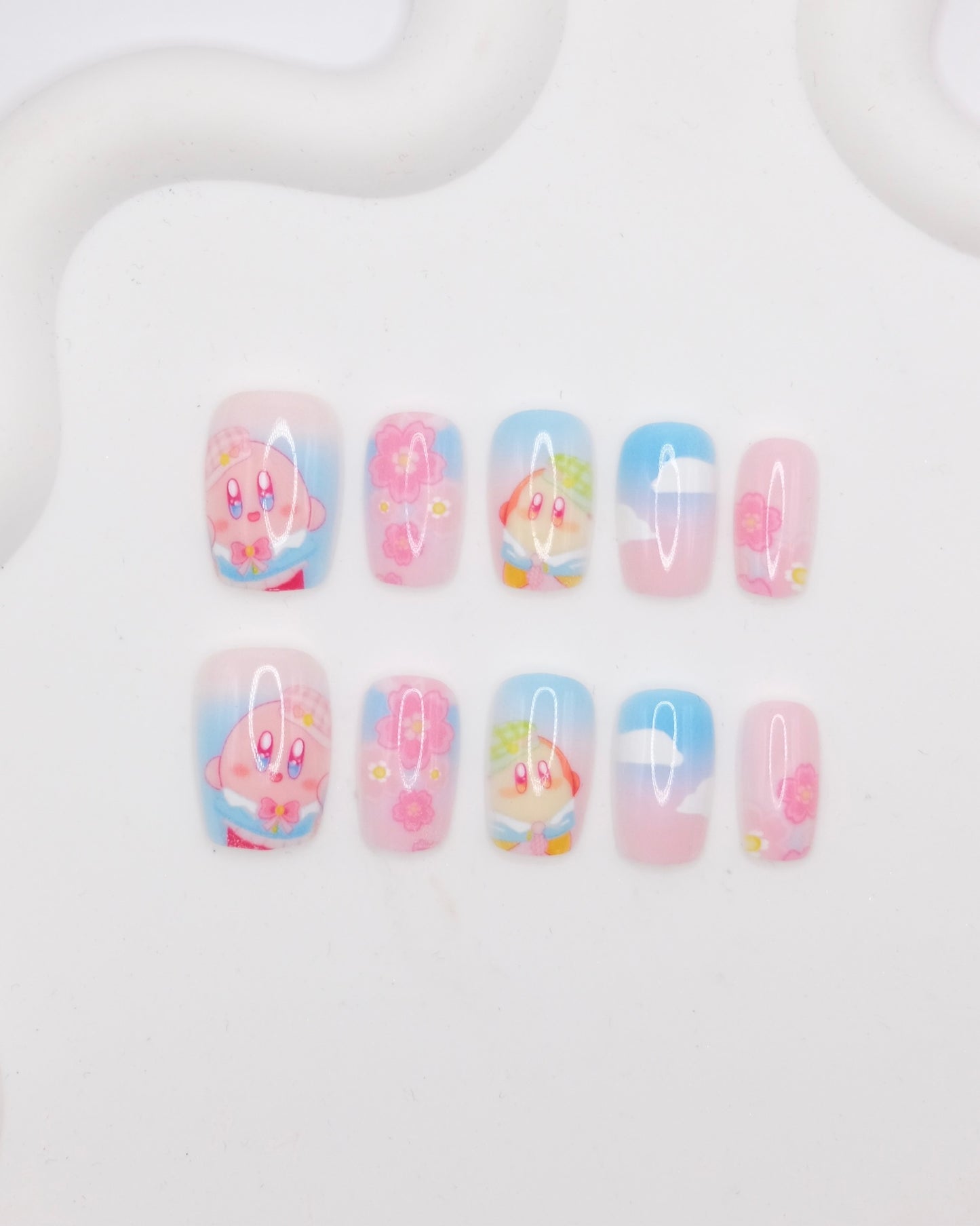 Short Coffin Colorful Kirby with Sakura Press On Nails