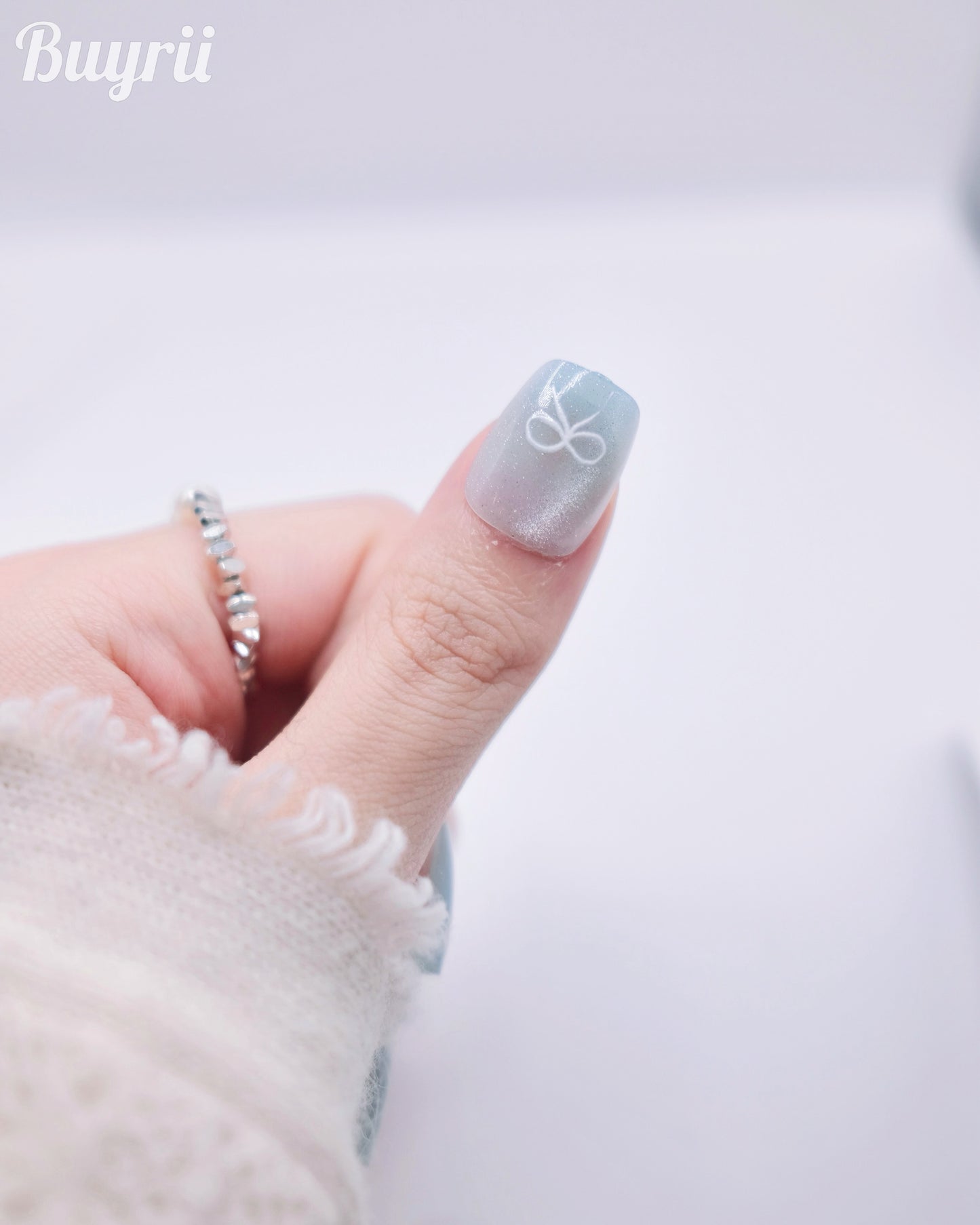 Short Coffin Blue Bow Tie & Love Heart Press On Nails