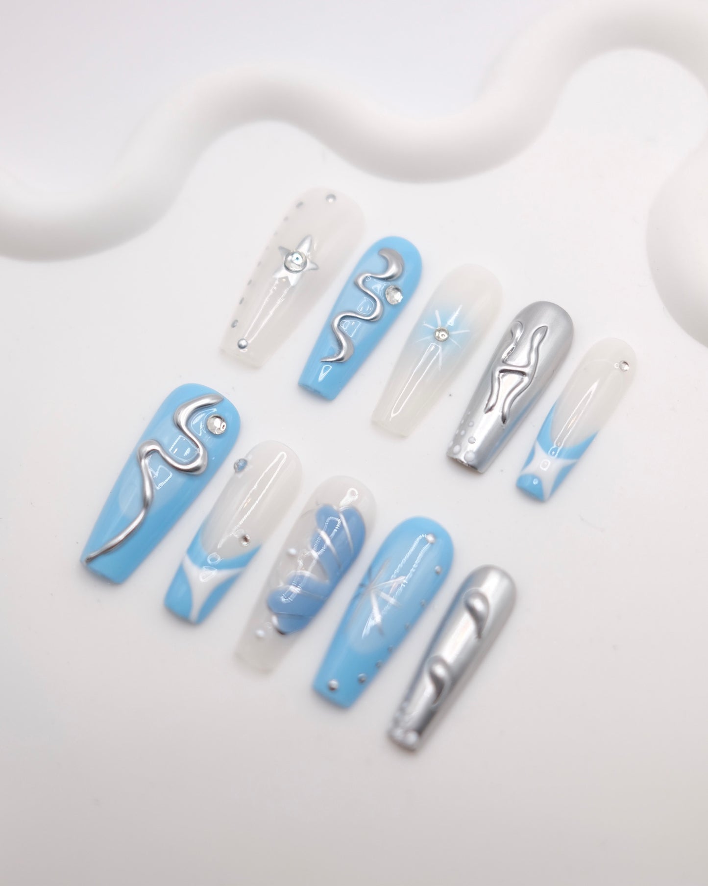 Extra Long Coffin Blue & Silver Y2K Press On Nails