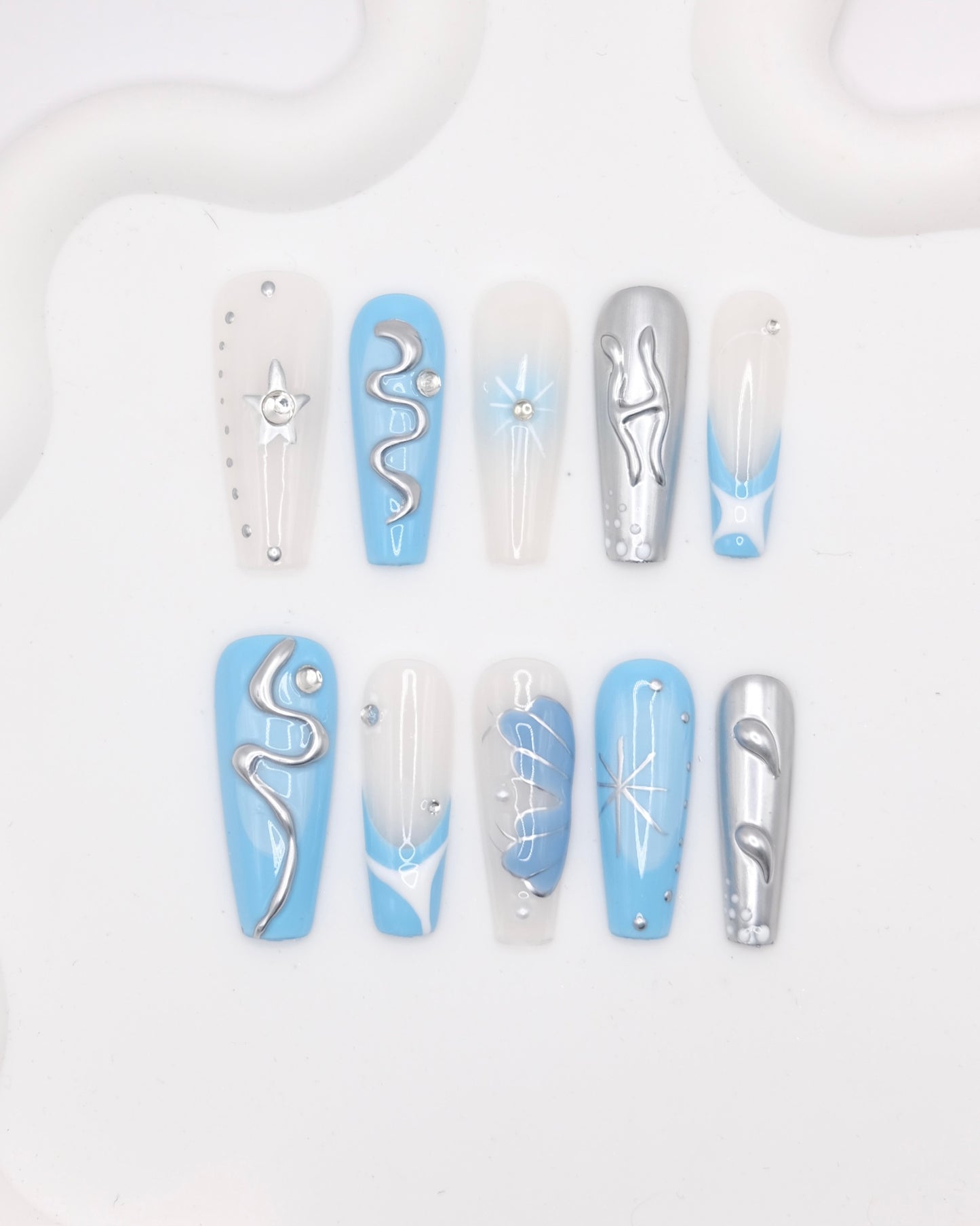 Extra Long Coffin Blue & Silver Y2K Press On Nails