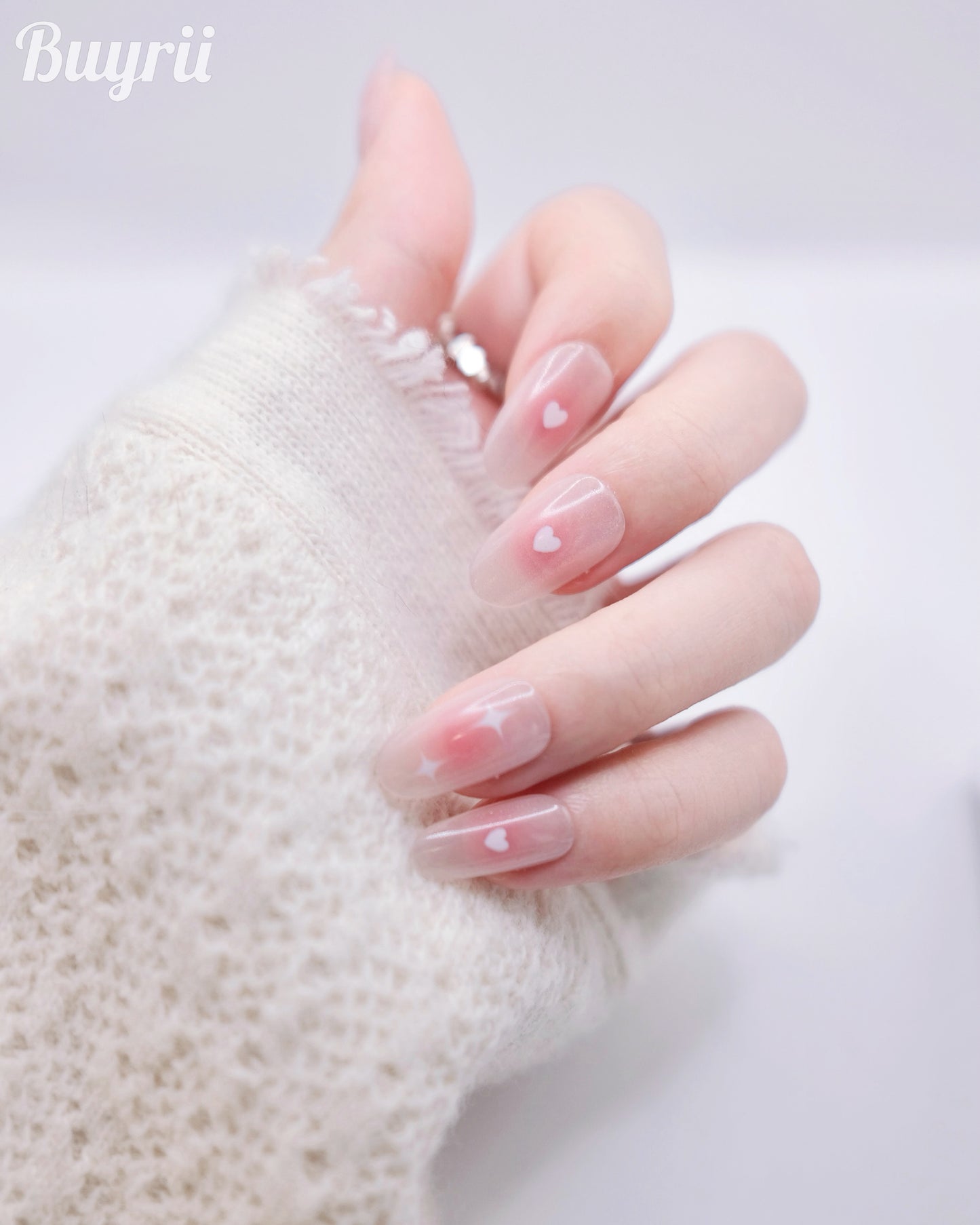 Mid-Long Oval Pink Blush Love Heart Press On Nails