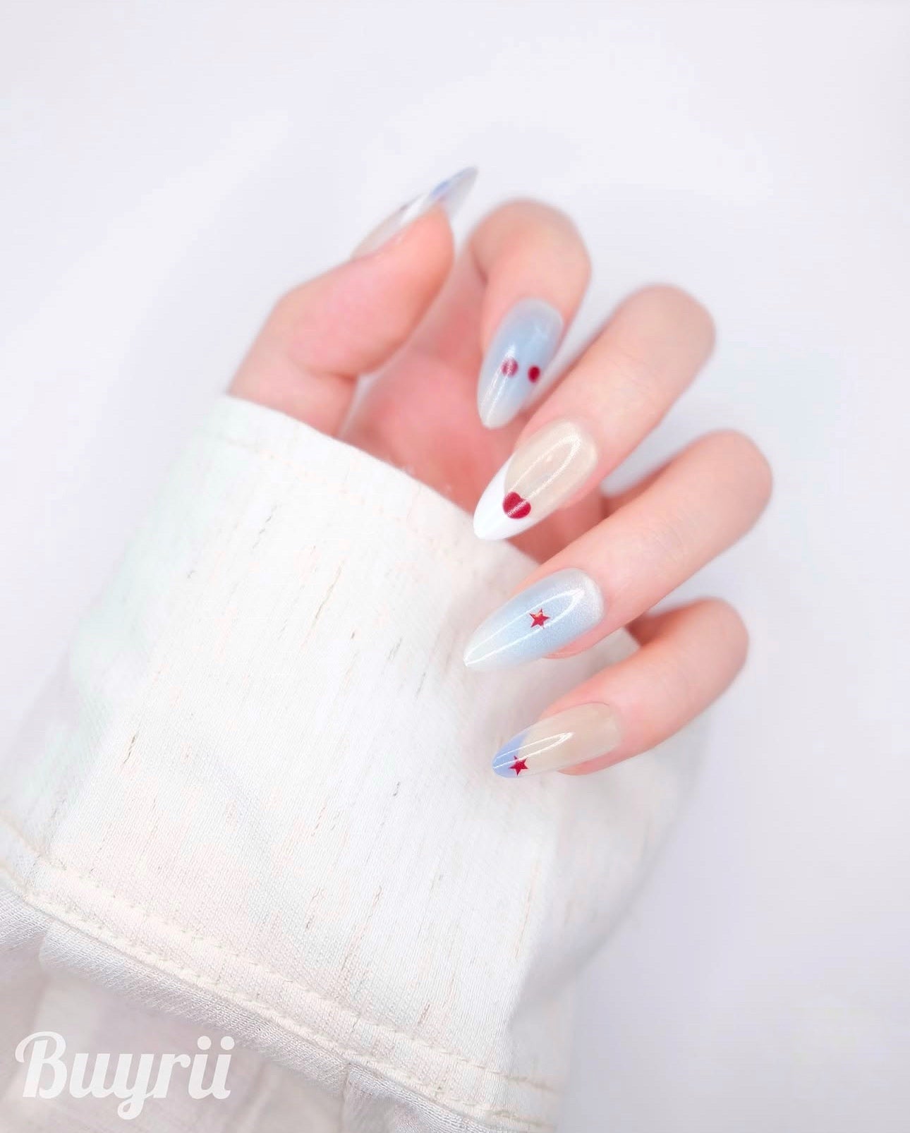 Mid-Long Almond Blue & Gold With Cherry Press On Nails
