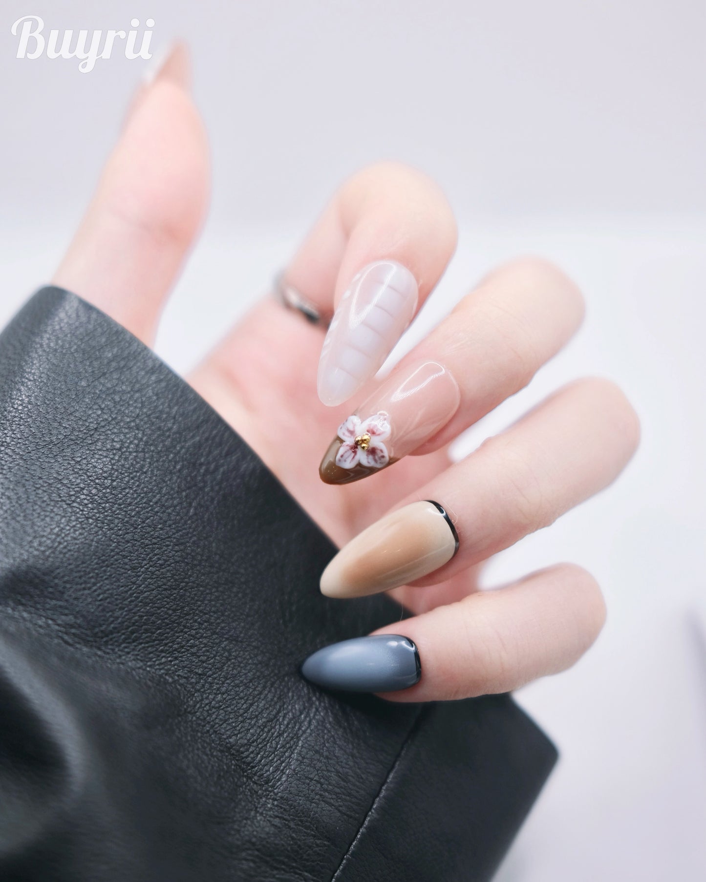 Long Almond White & Blue With Embossed Flower Press On Nails