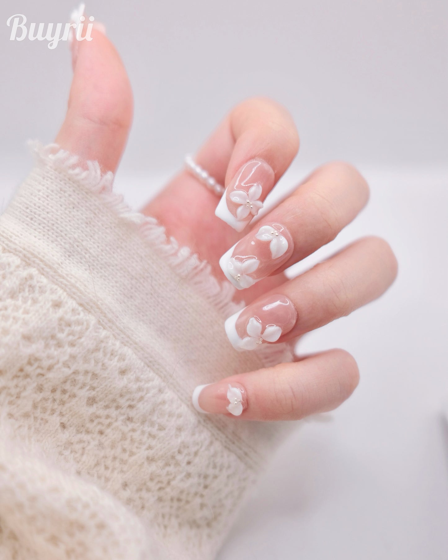 Mid-Long Coffin Nude Embossed Flower French Manicure Press On Nails