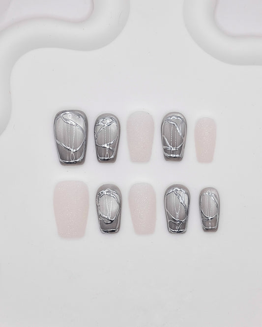 Mid-Long Coffin Mirror Black & Cat eye White Press On Nails
