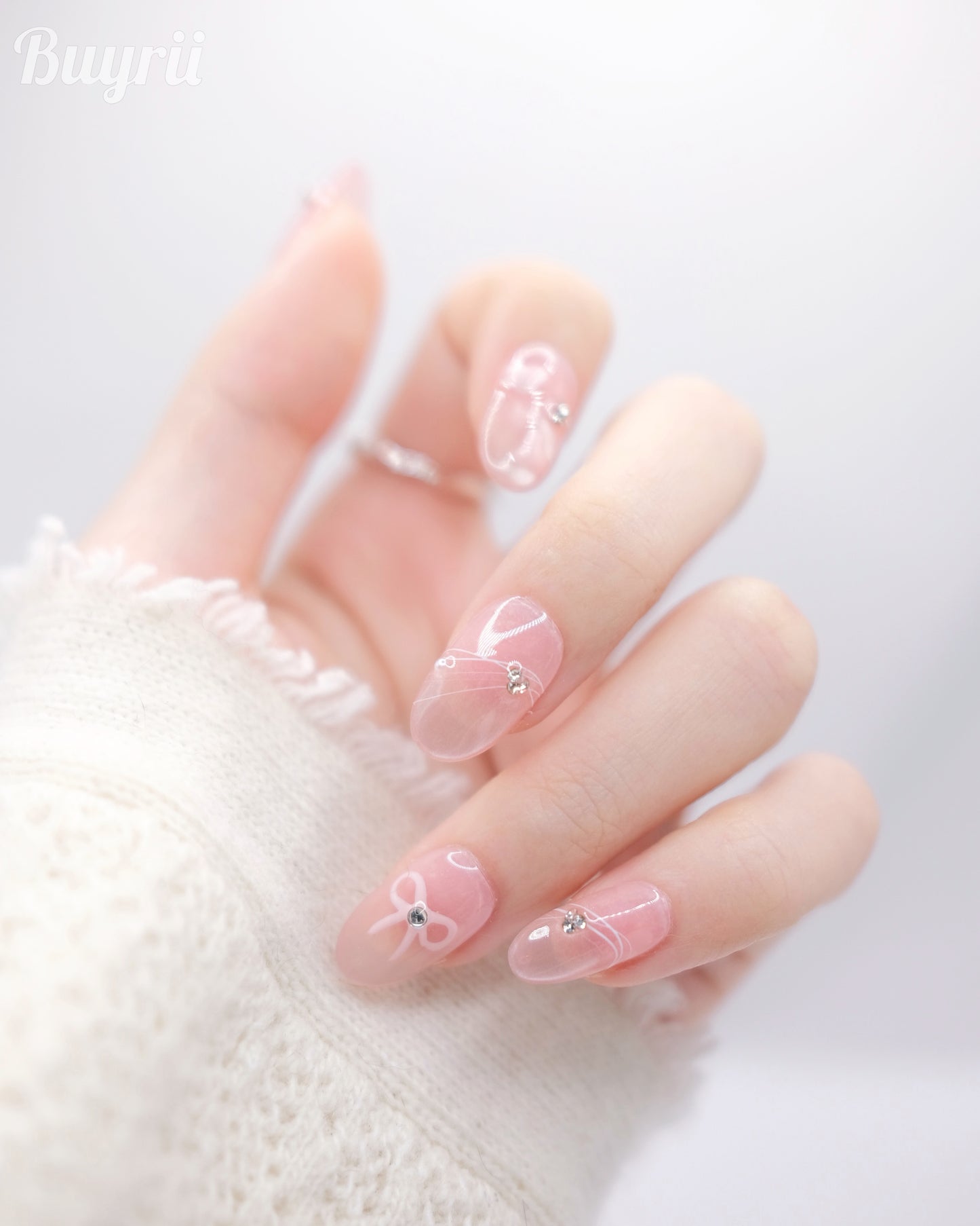 Mid-Long Oval Cateye Pink Diamond Shiny Bowtie Press On Nails