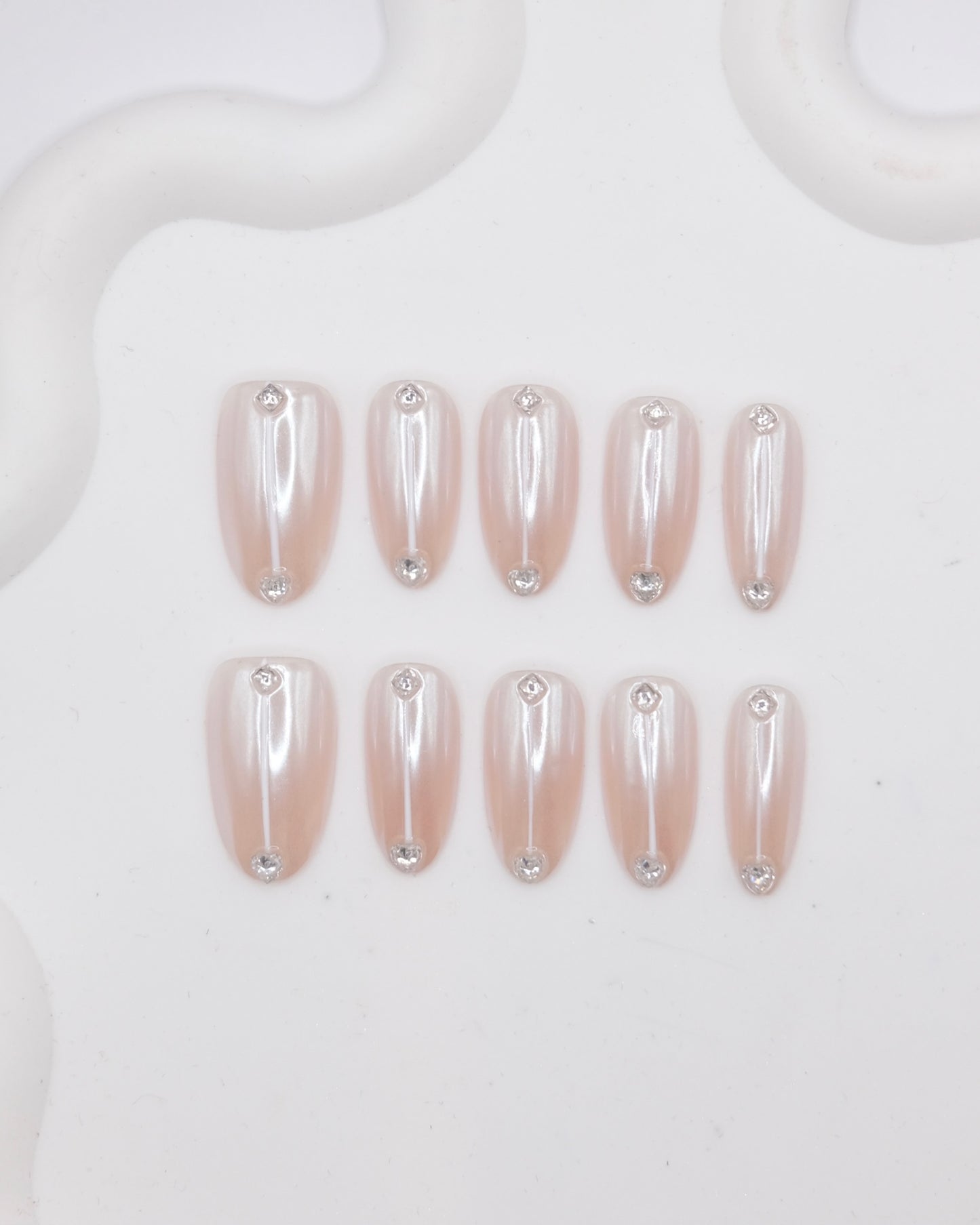 Long Almond Nude Color Magic Mirror With Diamond Press On Nails