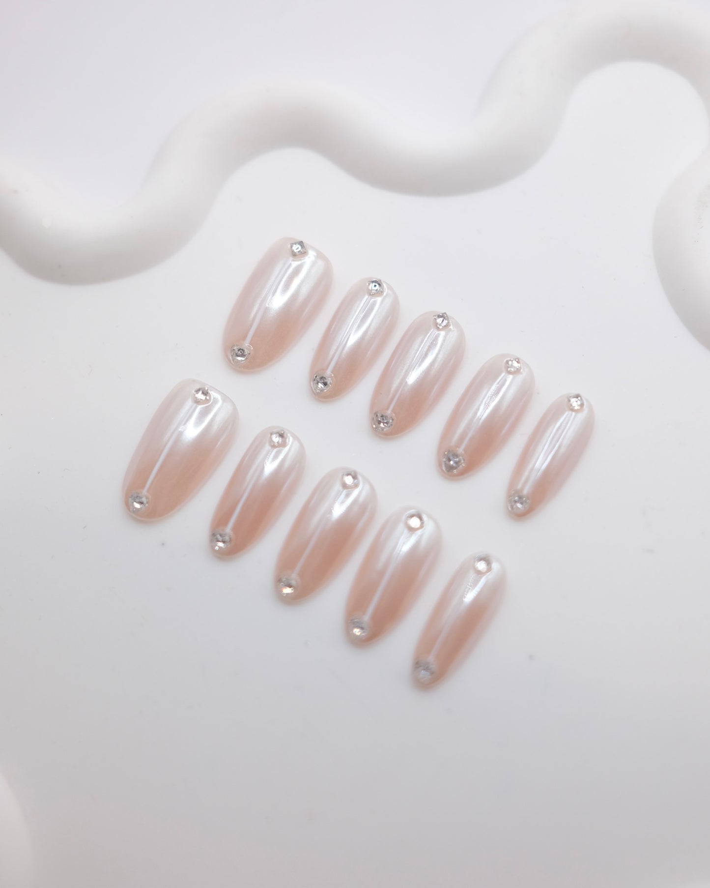 Long Almond Nude Color Magic Mirror With Diamond Press On Nails