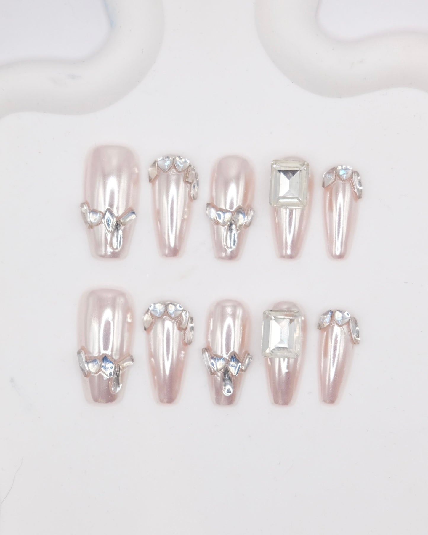 Long Coffin Magic Mirror Pink With Diamond Press On Nails
