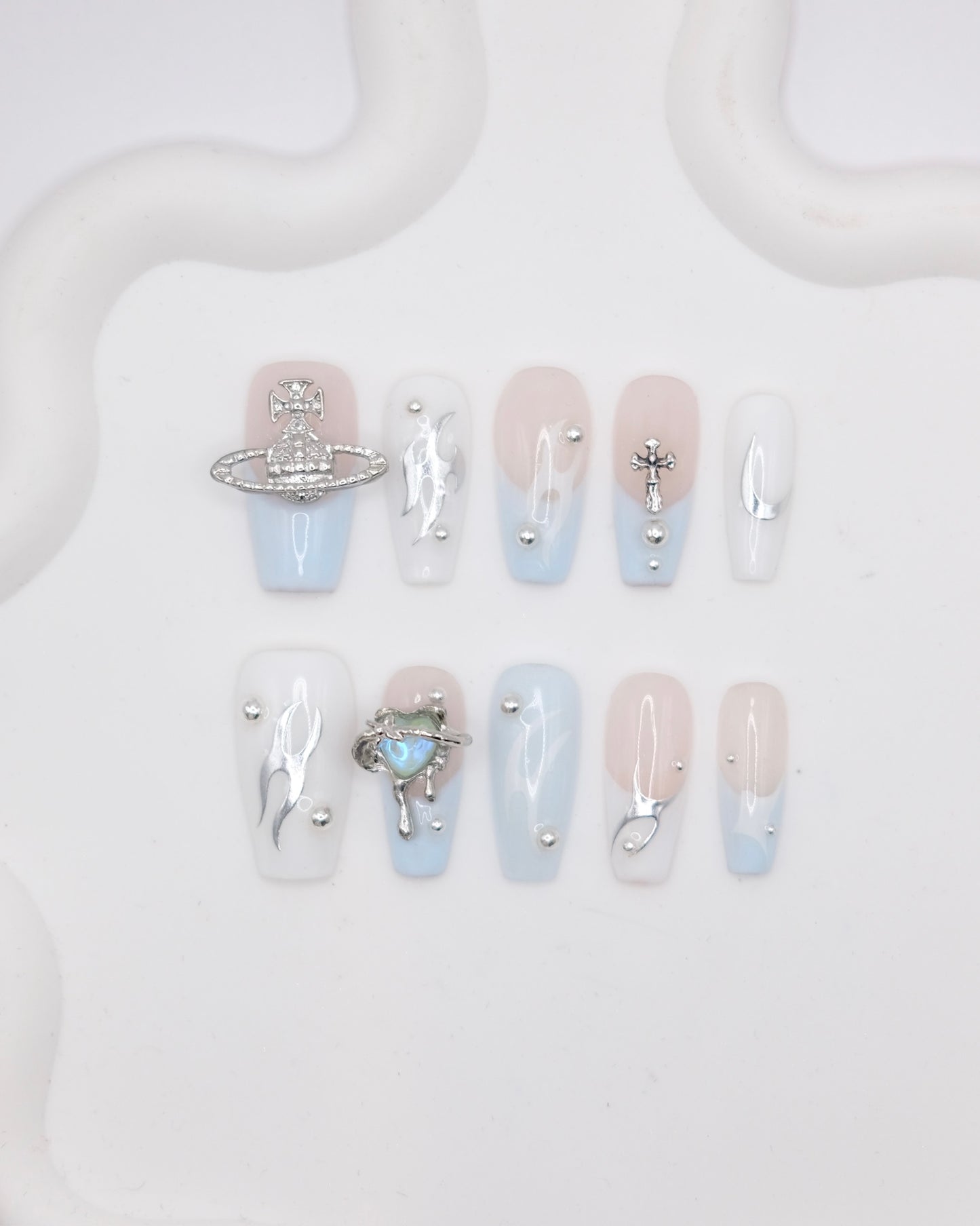 Long Coffin Blue & White 3D Saturn With Love Heart Press On Nails