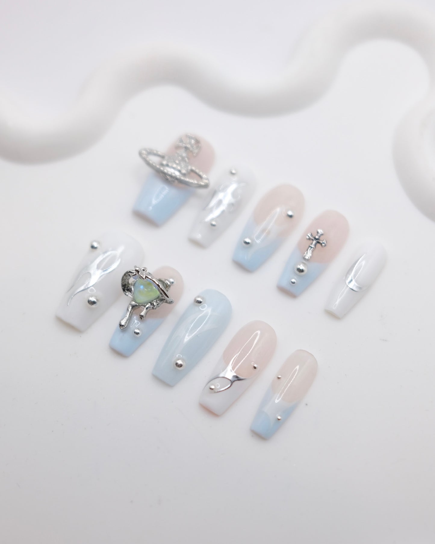Long Coffin Blue & White 3D Saturn With Love Heart Press On Nails
