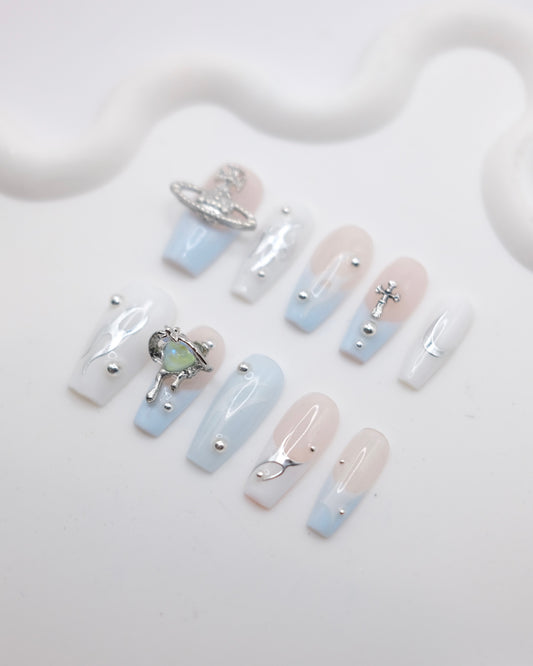 Long Coffin Blue & White 3D Saturn With Love Heart Press On Nails