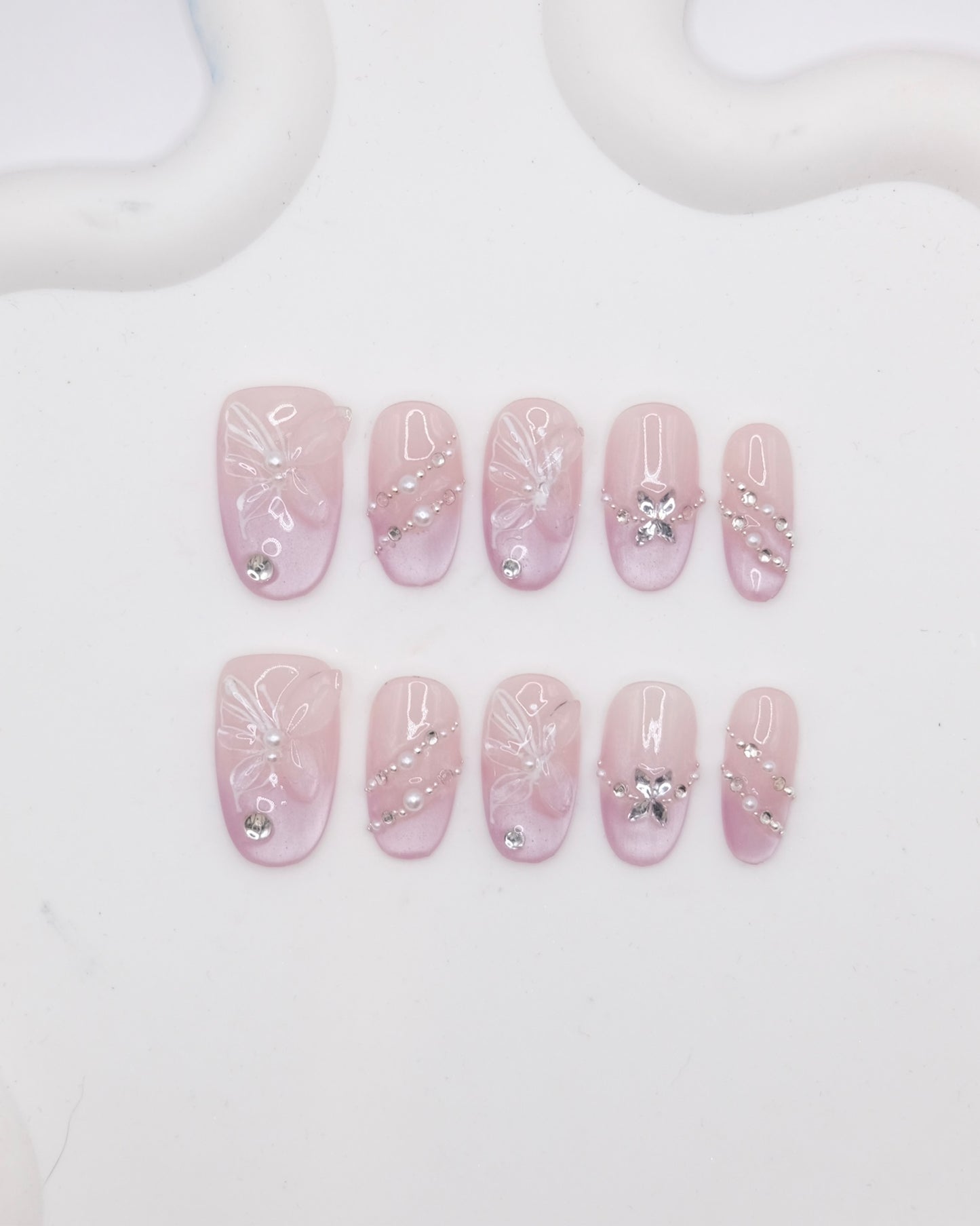 Mid-Long Oval Cateye Purple French Manicure Embossed Butterfly Press On Nails