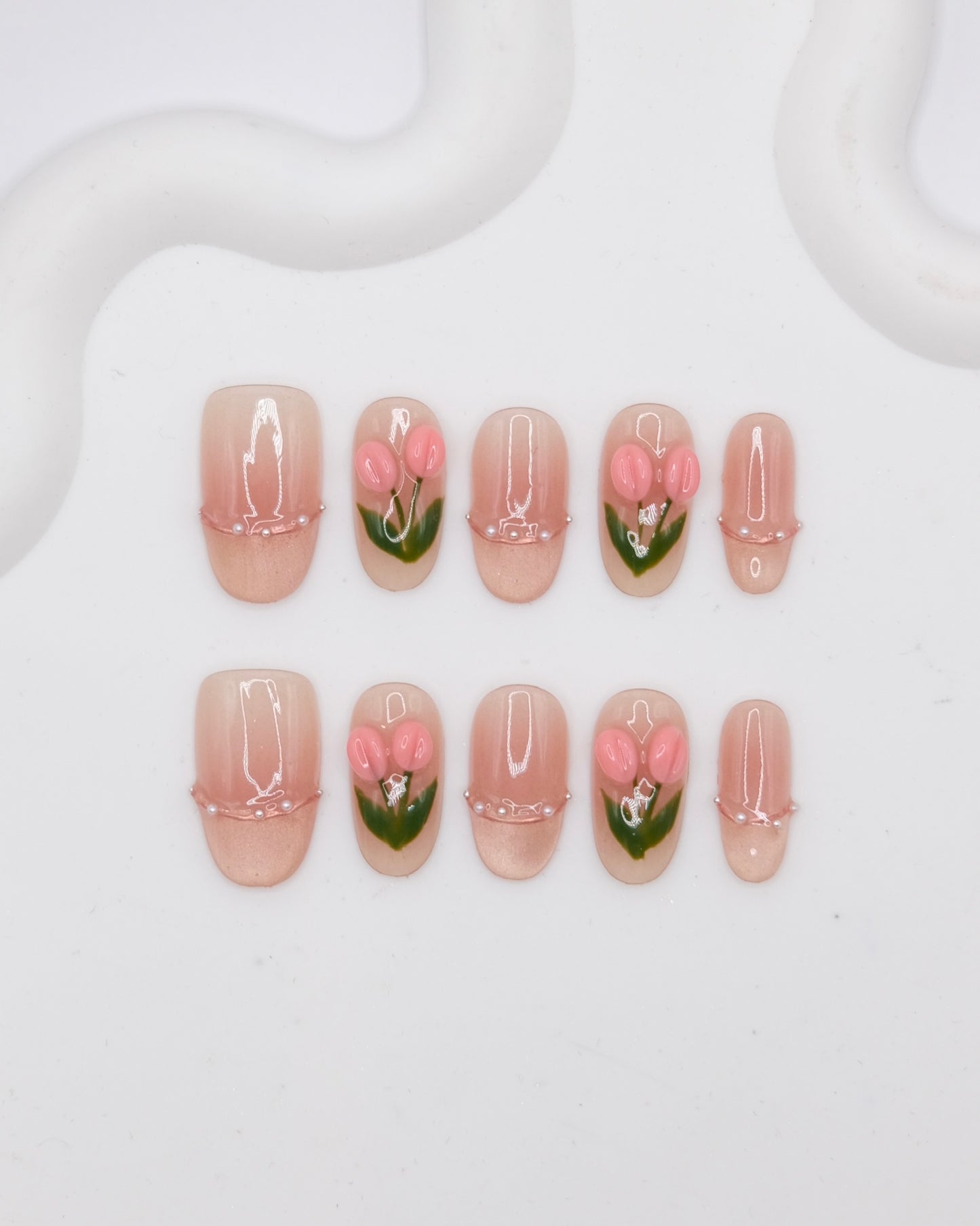 Mid-Long Oval Pink Cateye Tulip French Manicure Press On Nails