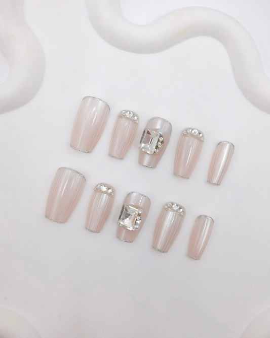 Mid-Long Coffin Pink Princess With Diamond Press On Nails