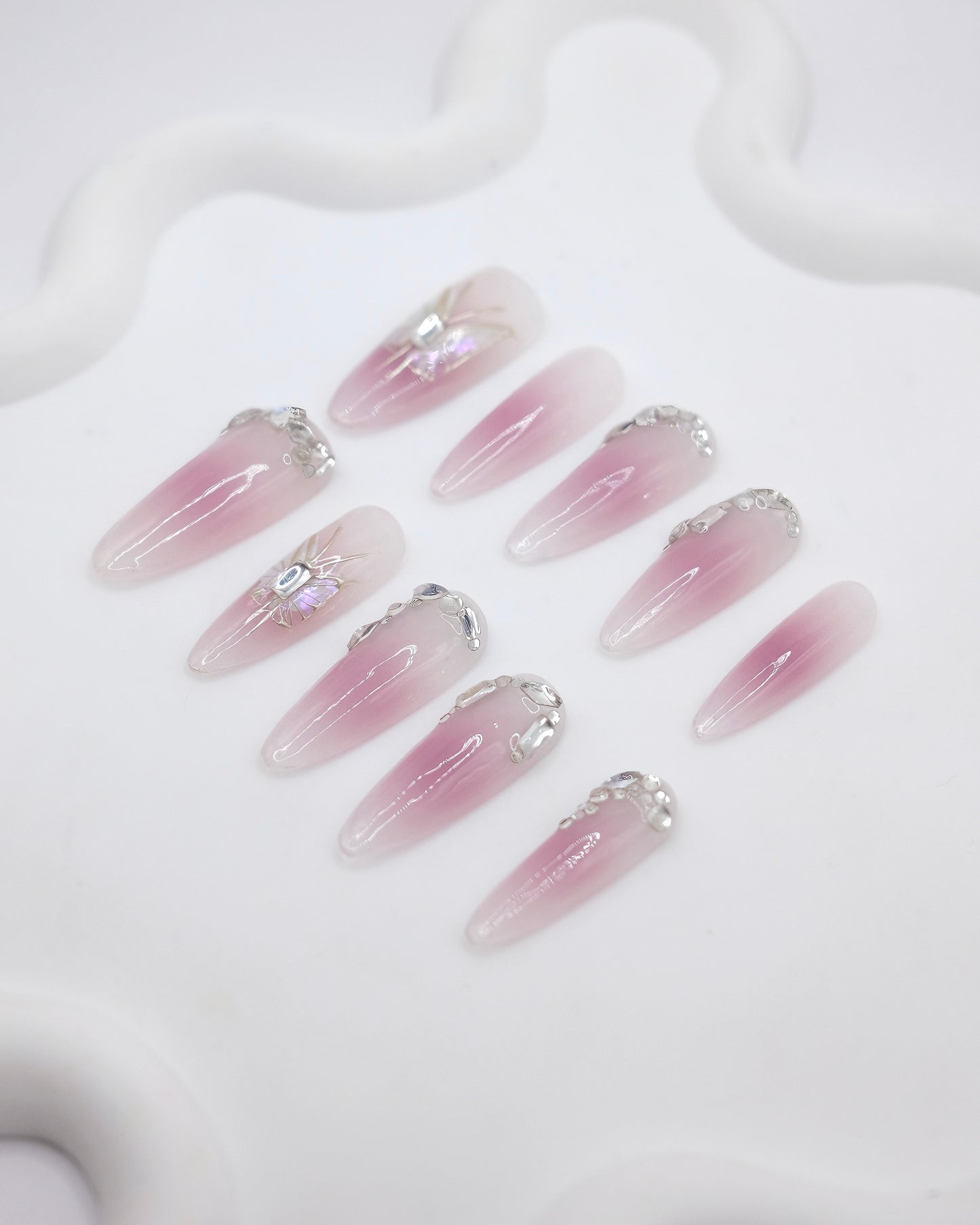 Extra Long Oval Purple Blush Embossed Butterfly With Diamond Press On Nails