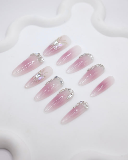 Extra Long Oval Purple Blush Embossed Butterfly With Diamond Press On Nails