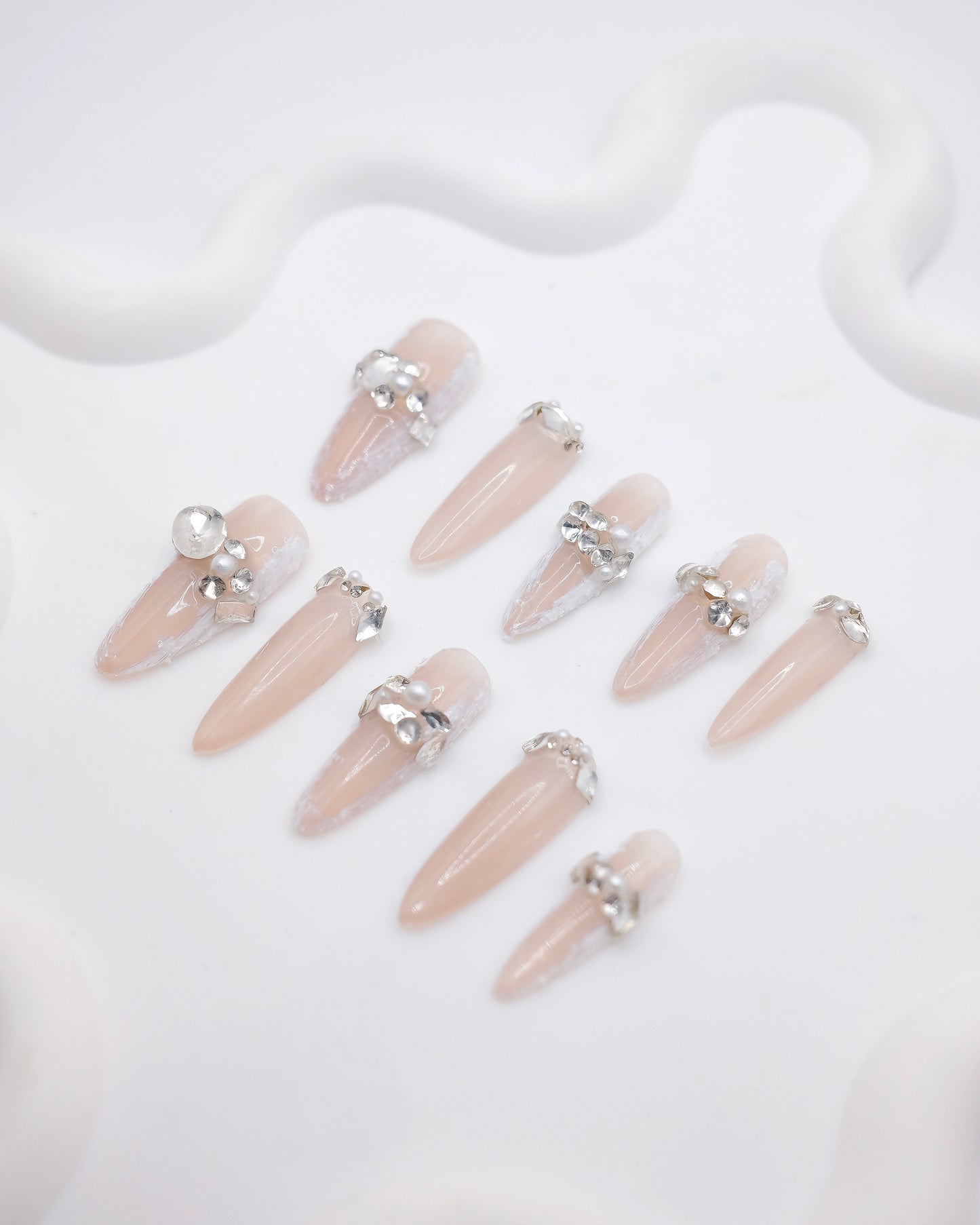 Extra Long Oval Pink Pearl & Diamond Press On Nails