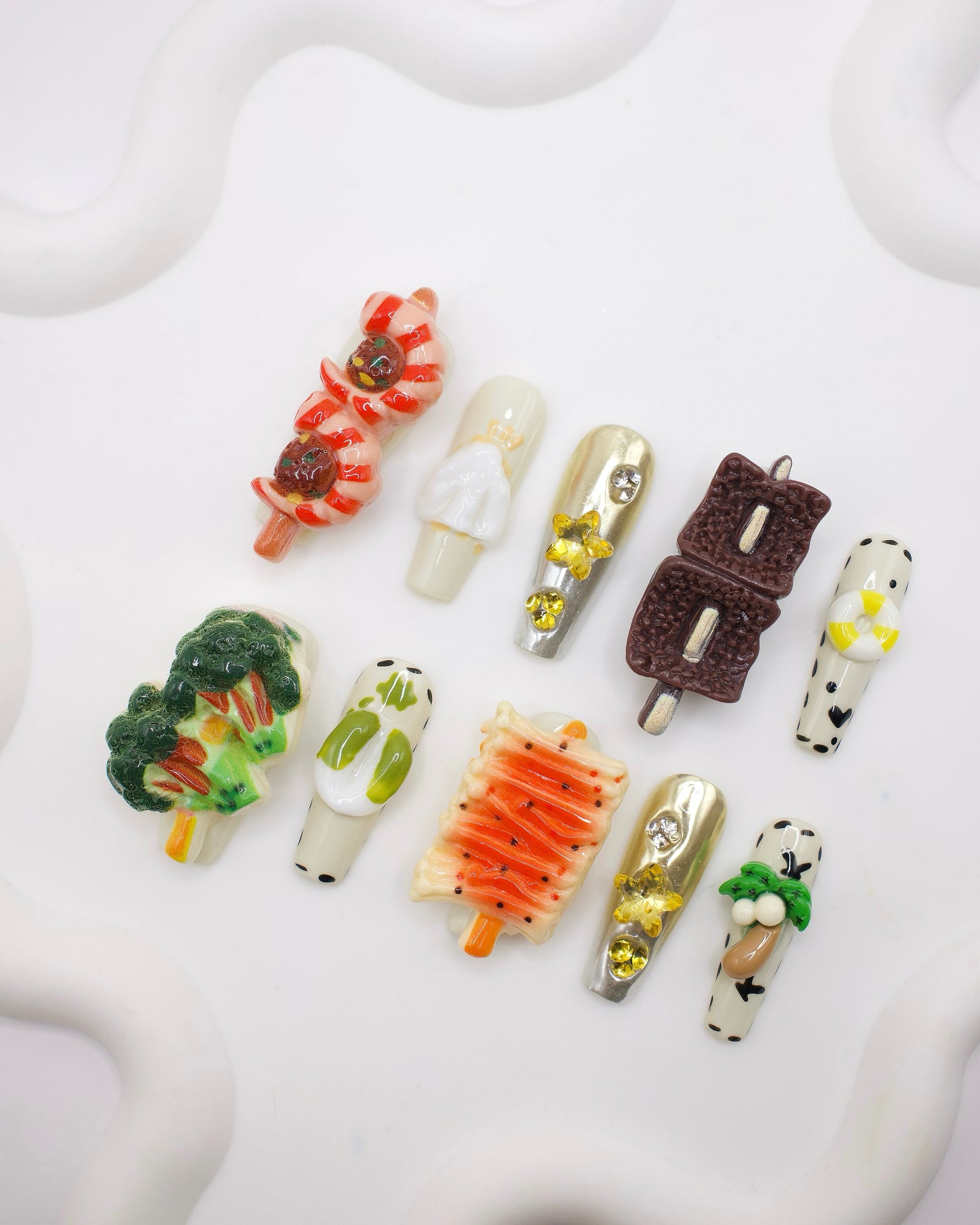 Extra Long Coffin Colorful 3D Barbecue With Diamond Press On Nails