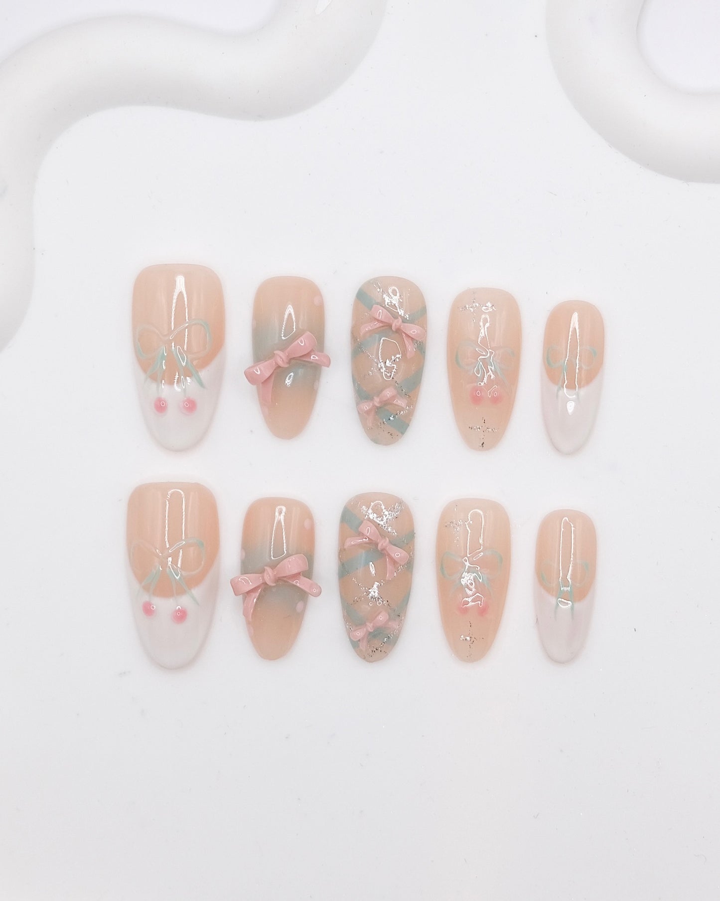 Long Oval Nude Color With White French Manicure & Embossed Bowtie Press On Nails