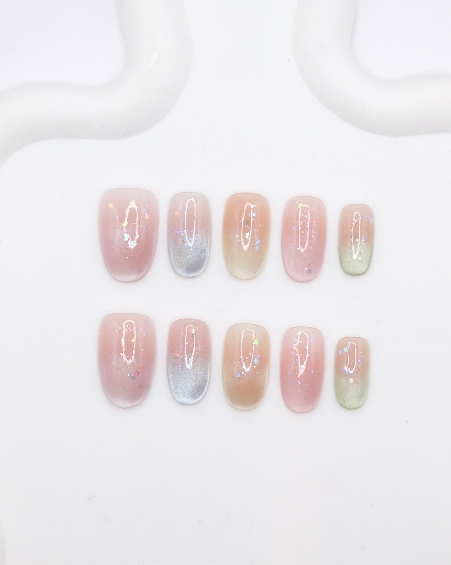 Short Oval Cateye Colorful Shiny Summer Press On Nails