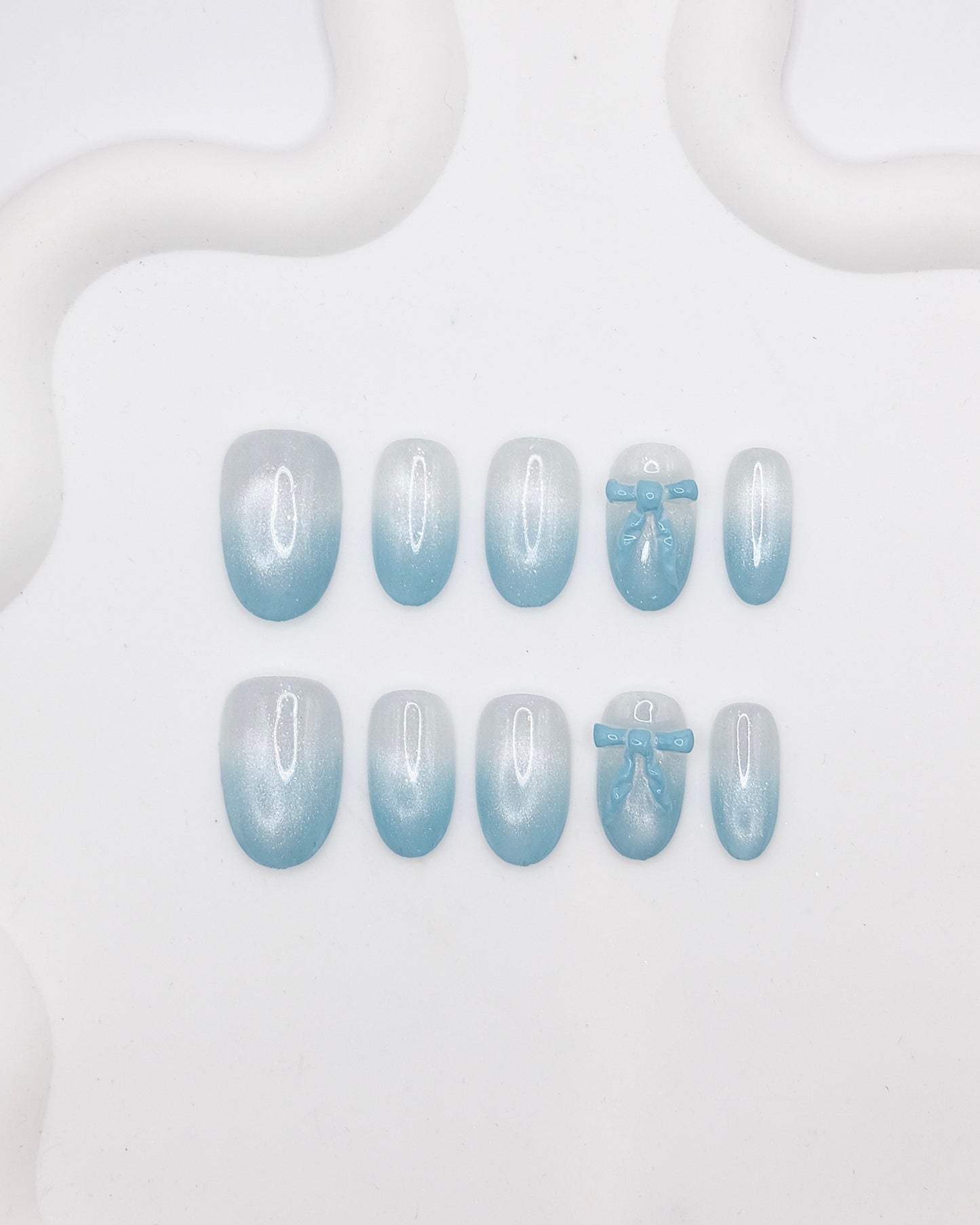 Short Almond Cateye Blue Bowtie French Manicure Press On Nails