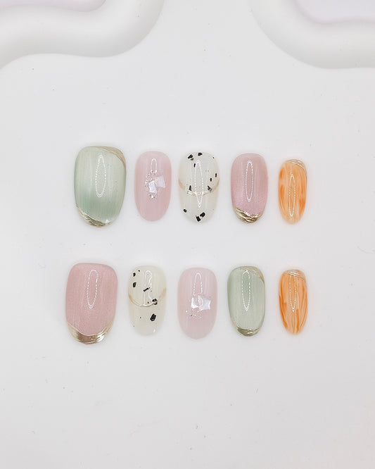 Mid-Long Oval Cateye Summer Citrus Press On Nails