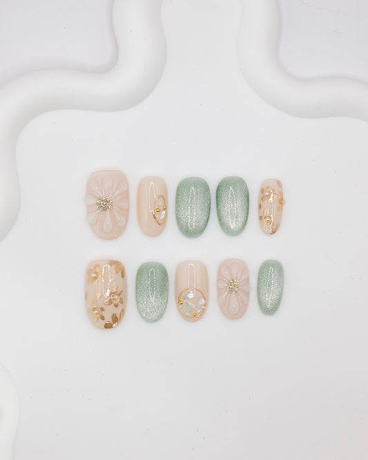 Mid-Long Oval Green & Nude Flower Press On Nails