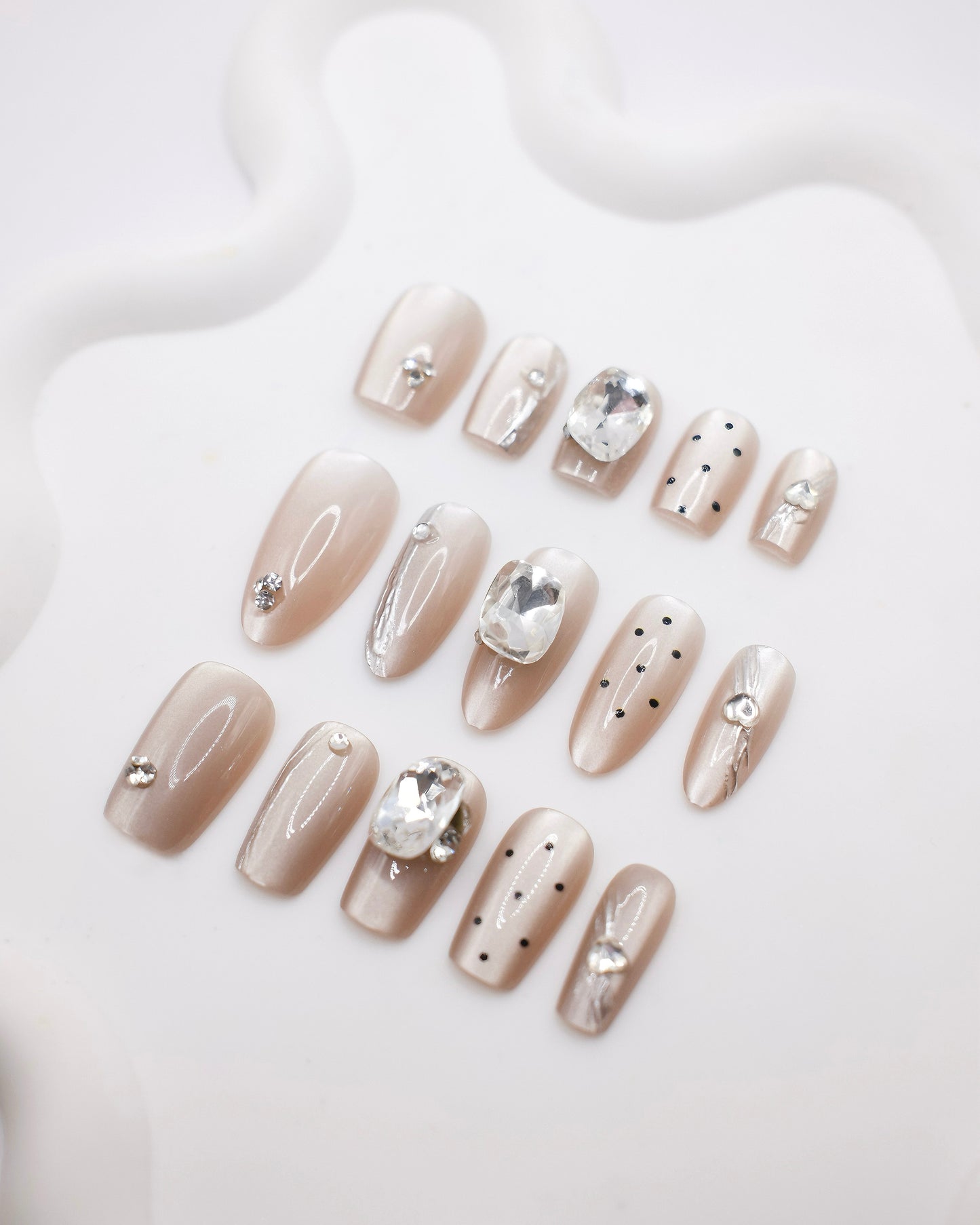 Short Coffin Nude Color Polka Dot & Diamond Press On Nails