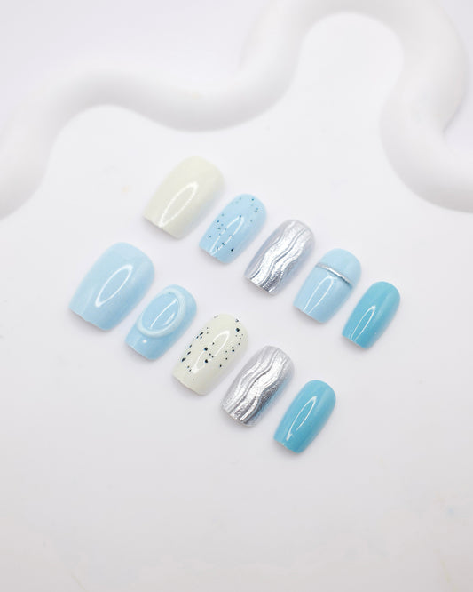 Short Coffin Blue & Silver With Embossed Line Press On Nails