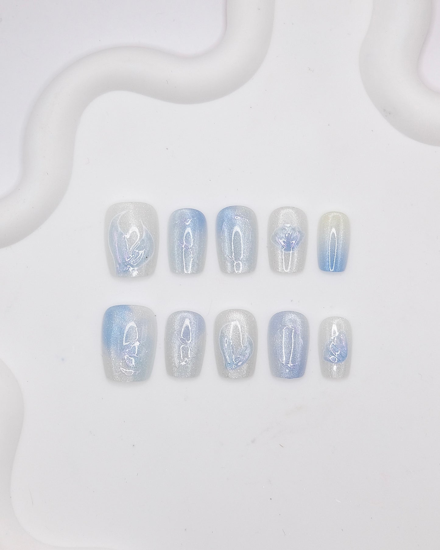 Short Coffin Blue & White Cateye Mermaid Press On Nails