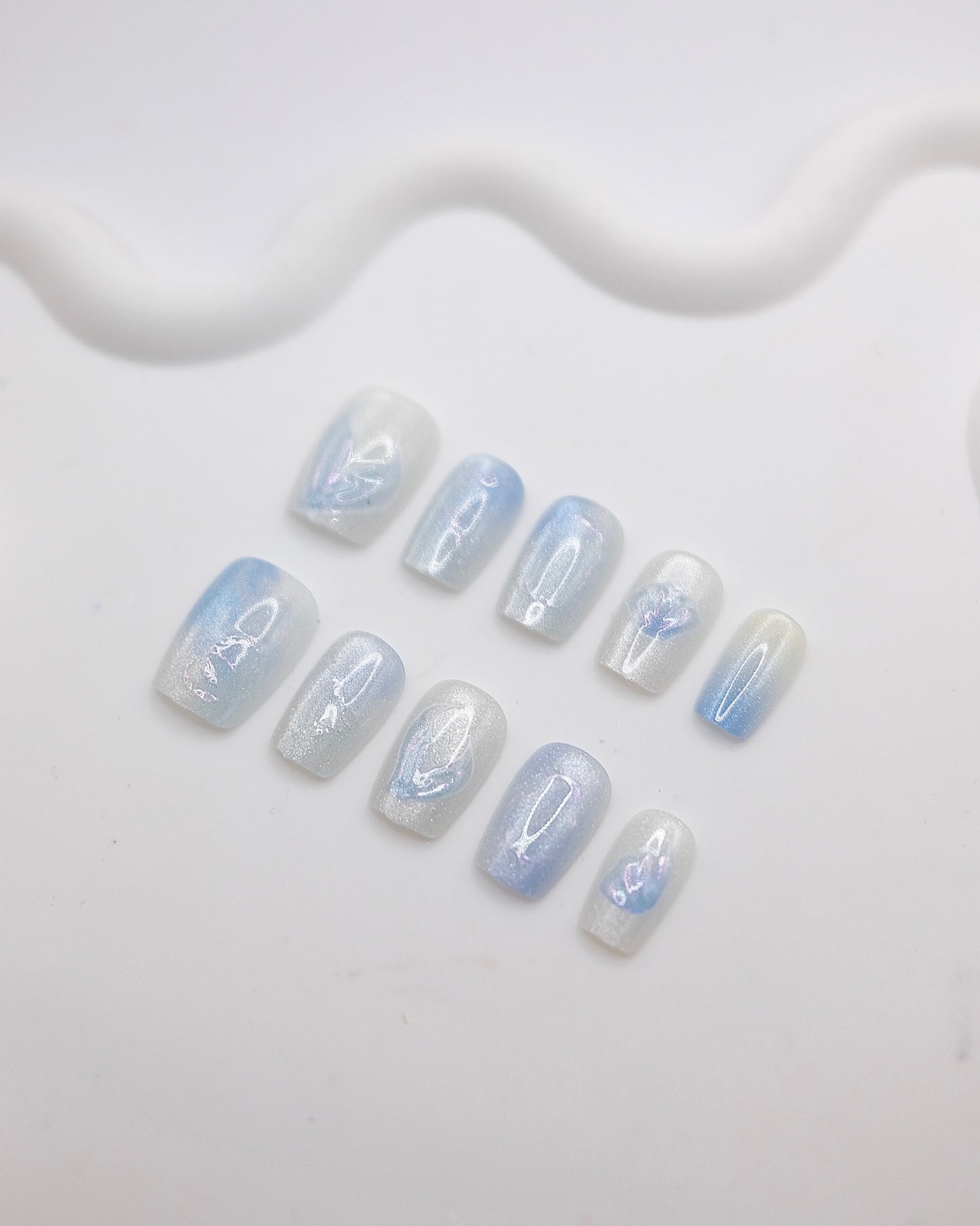 Short Coffin Blue & White Cateye Mermaid Press On Nails
