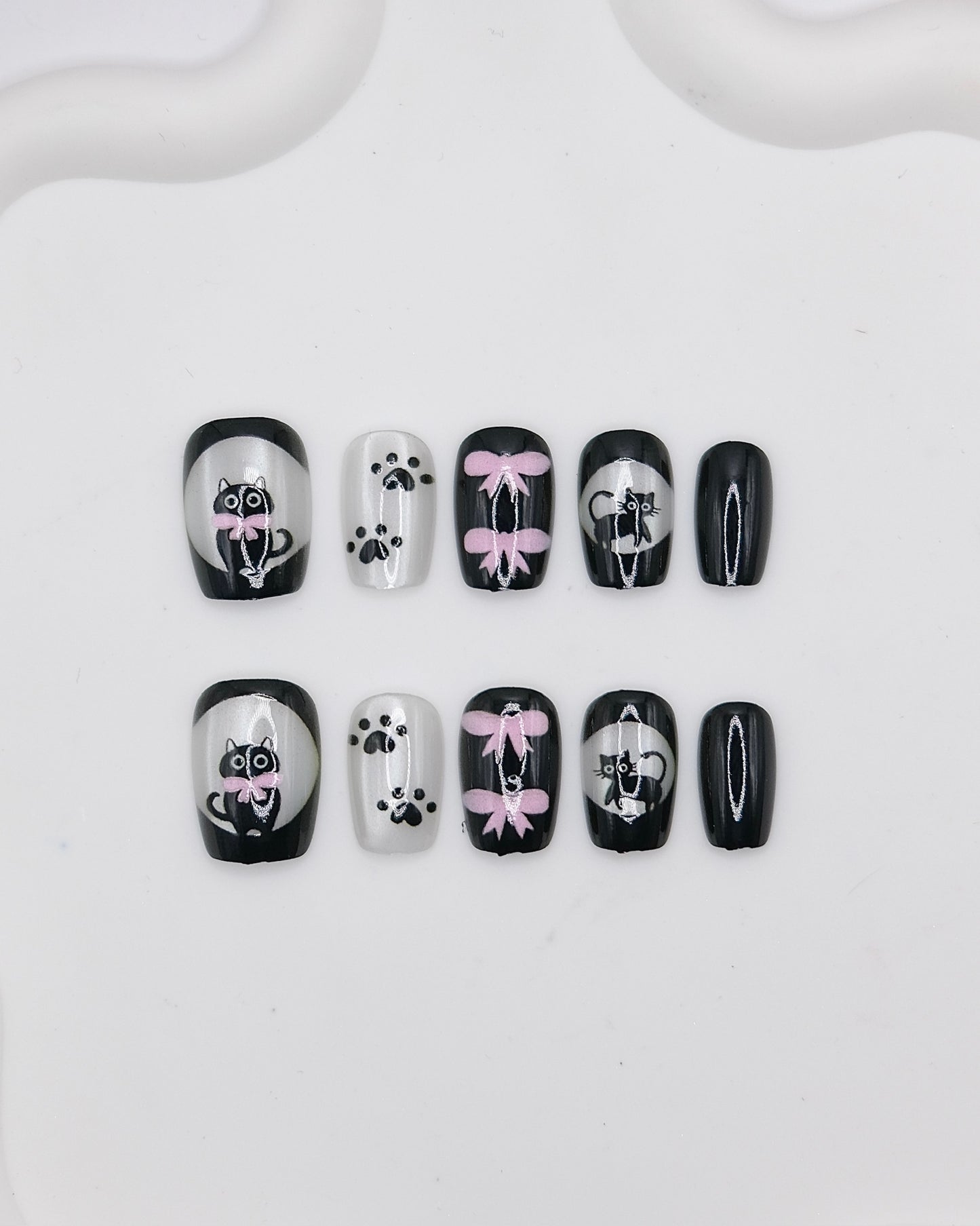 Short Coffin Black Cat & Bowtie Press On Nails
