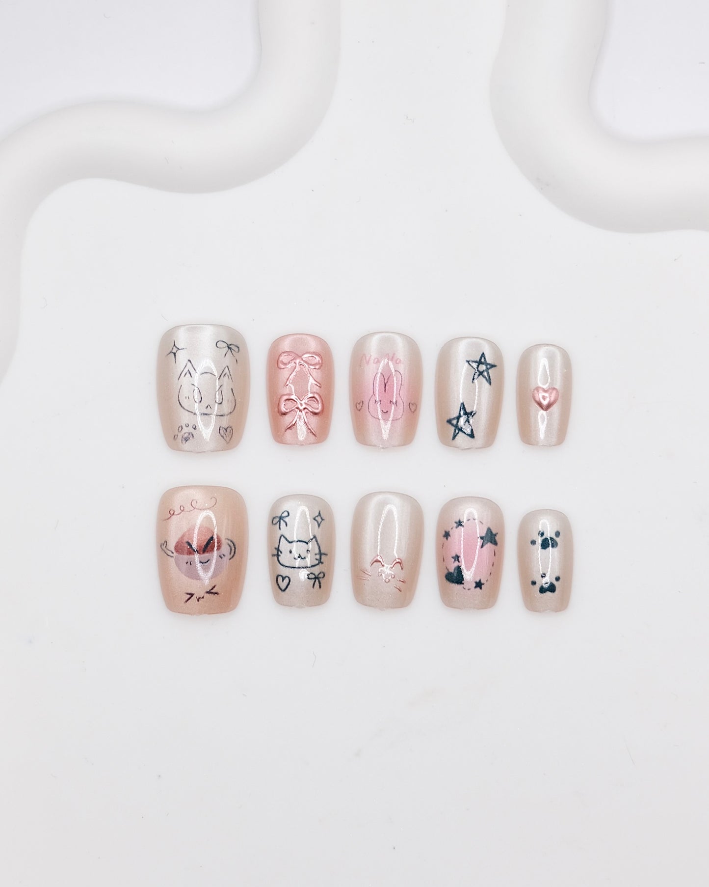 Short Coffin Nude Color Pink Bowtie Cat Press On Nails